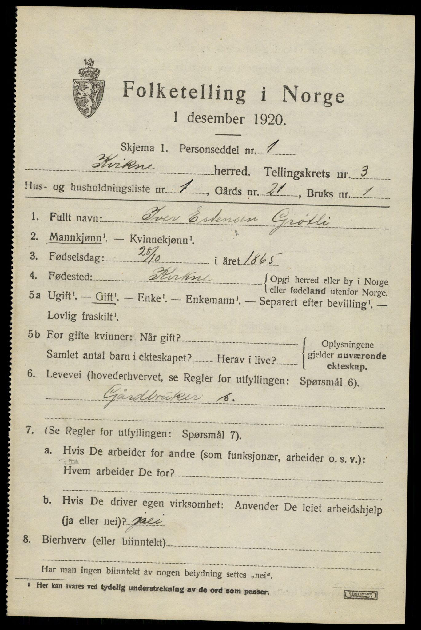SAH, 1920 census for Kvikne, 1920, p. 1268