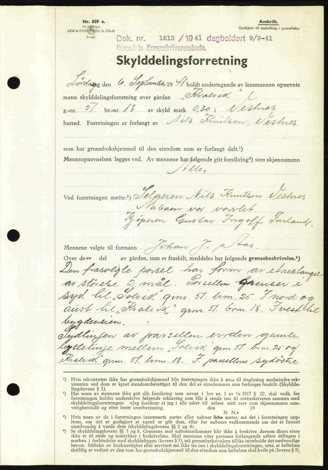 Romsdal sorenskriveri, AV/SAT-A-4149/1/2/2C: Mortgage book no. A10, 1941-1941, Diary no: : 1613/1941