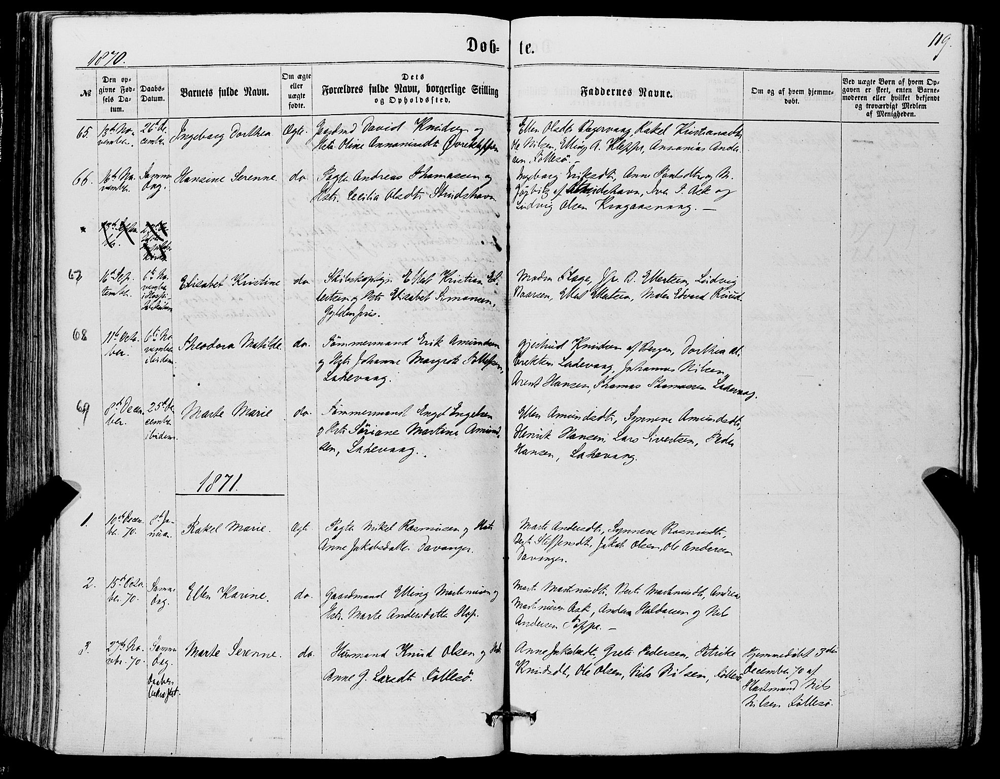 Askøy Sokneprestembete, SAB/A-74101/H/Ha/Haa/Haaa/L0009: Parish register (official) no. A 9, 1863-1877, p. 119