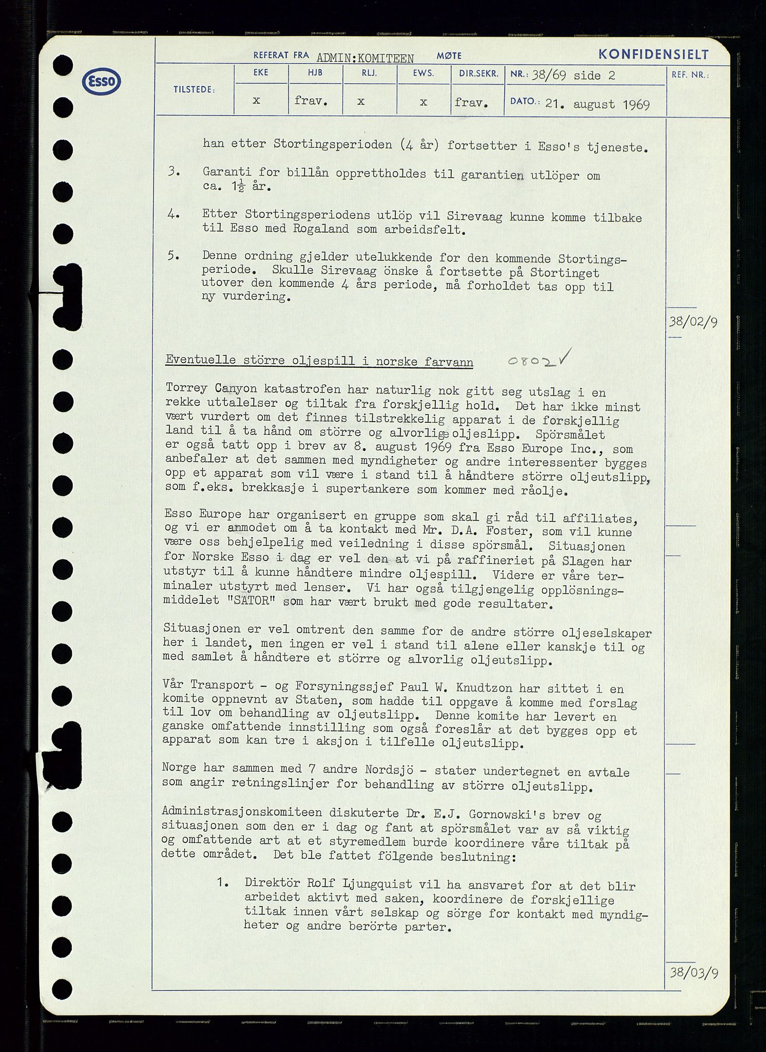 Pa 0982 - Esso Norge A/S, AV/SAST-A-100448/A/Aa/L0003/0001: Den administrerende direksjon Board minutes (styrereferater) og Bedriftforsamlingsprotokoll / Den administrerende direksjon Board minutes (styrereferater), 1969, p. 105