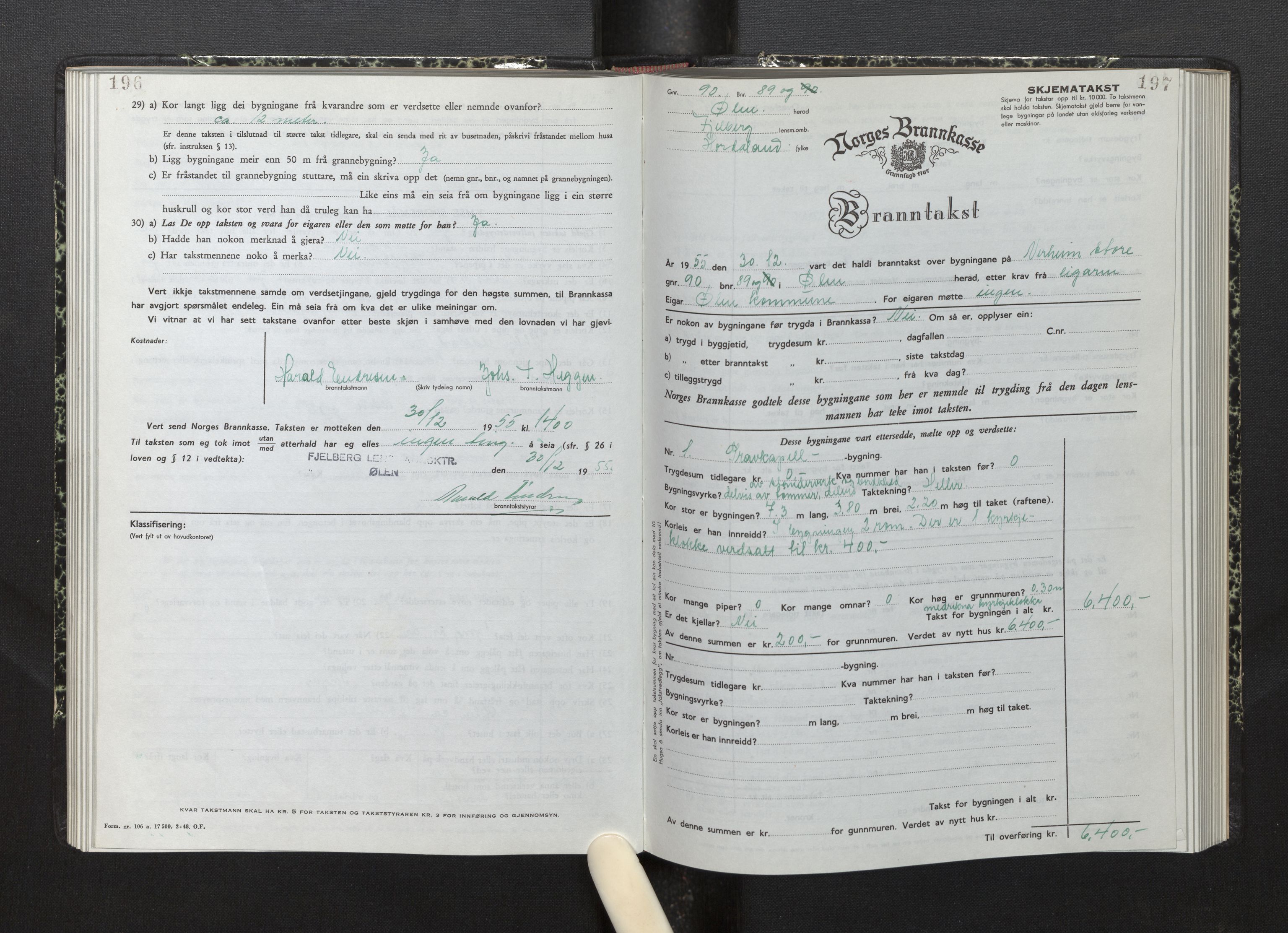 Lensmannen i Fjelberg, AV/SAB-A-32101/0012/L0008: Branntakstprotokoll, skjematakst, 1949-1955, p. 196-197
