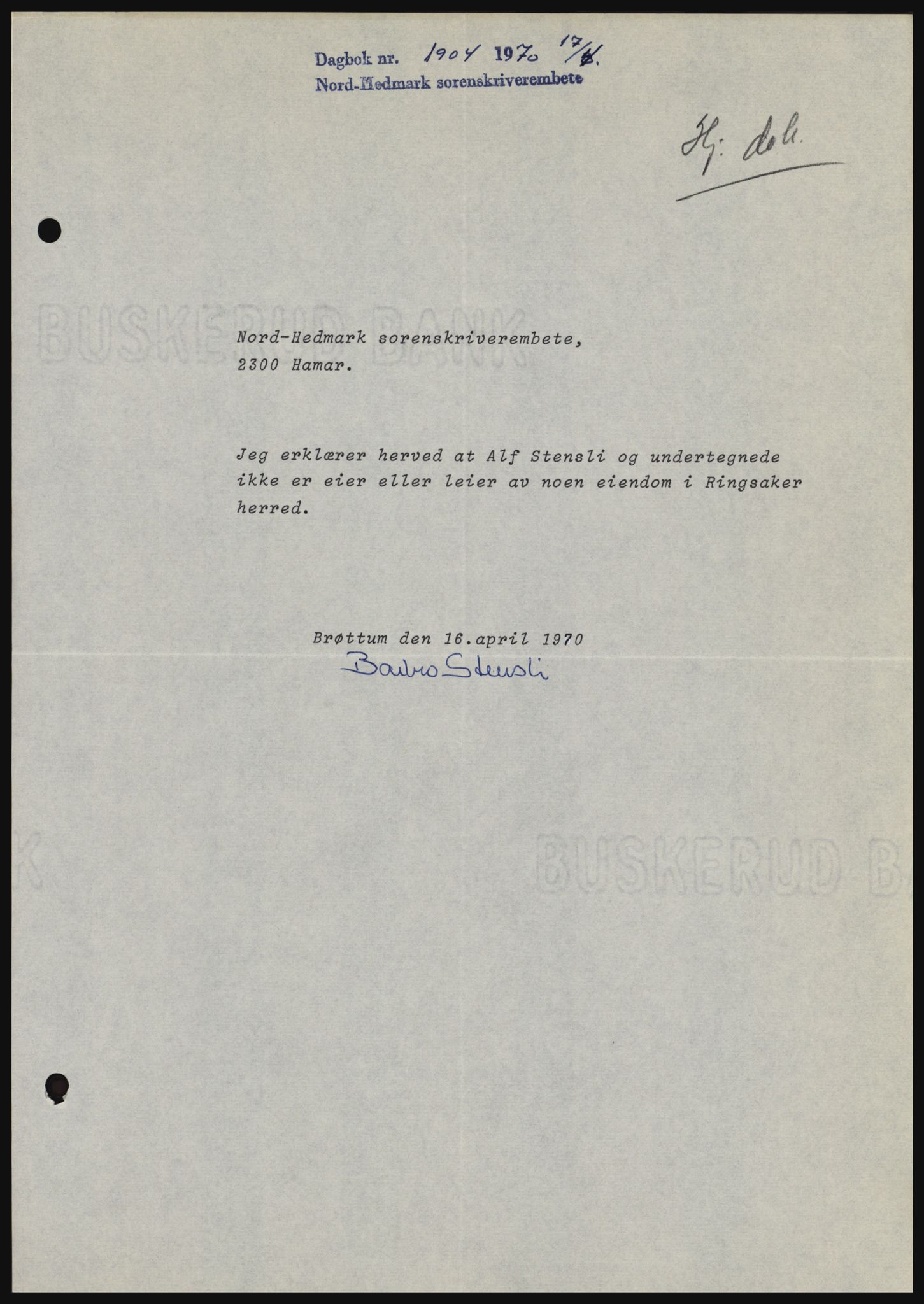 Nord-Hedmark sorenskriveri, SAH/TING-012/H/Hc/L0033: Mortgage book no. 33, 1970-1970, Diary no: : 1904/1970