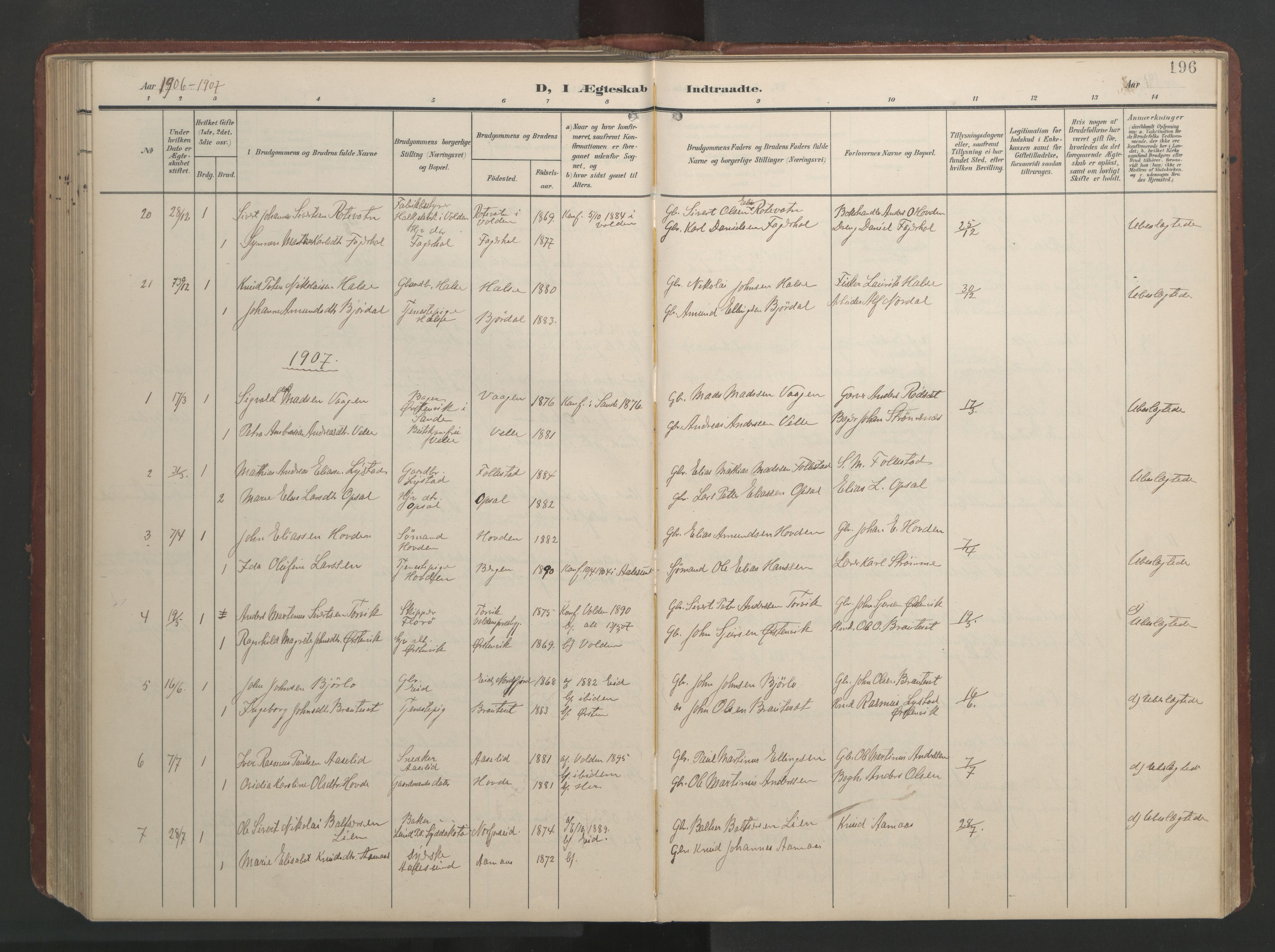 Ministerialprotokoller, klokkerbøker og fødselsregistre - Møre og Romsdal, AV/SAT-A-1454/513/L0190: Parish register (copy) no. 513C04, 1904-1926, p. 196