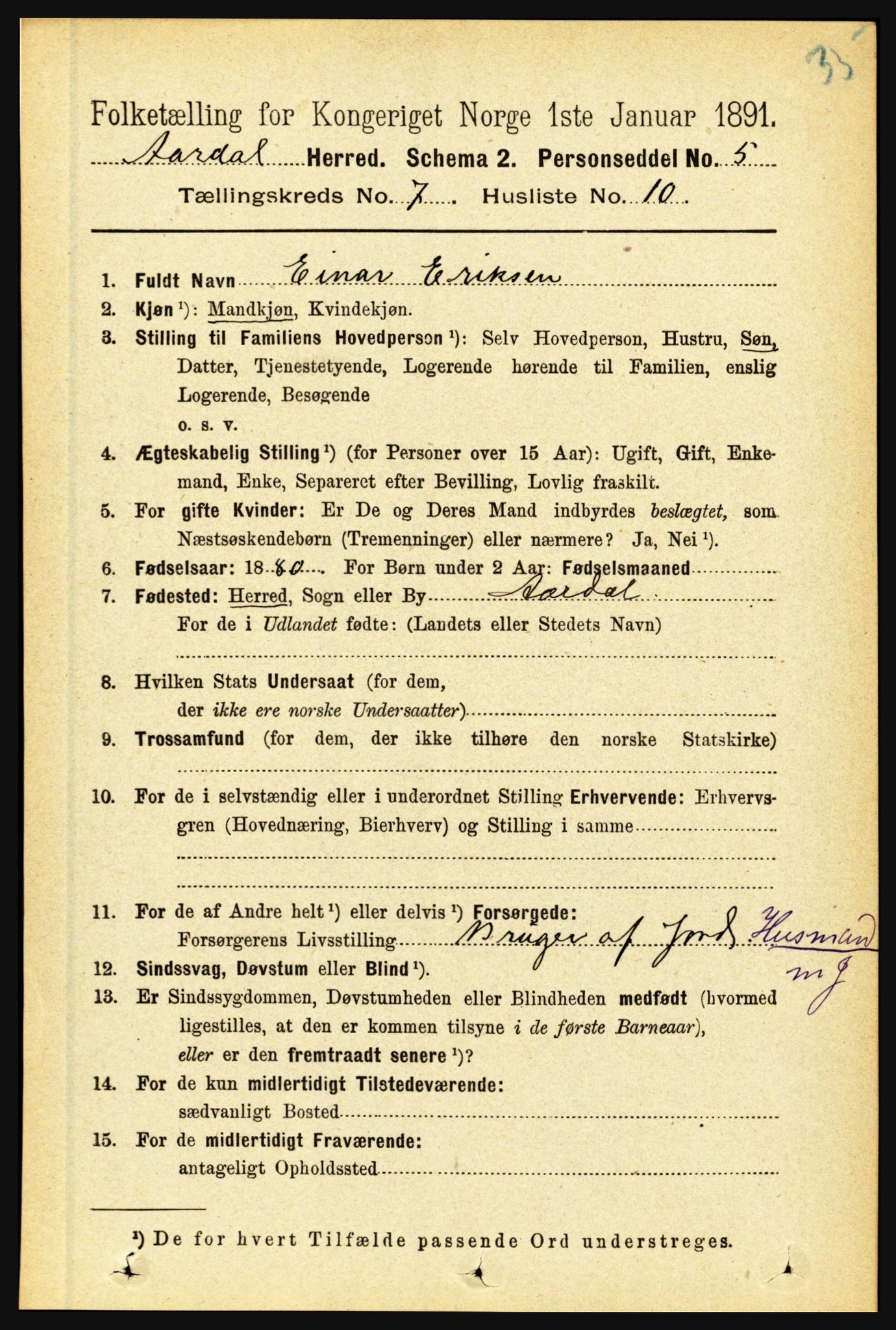 RA, 1891 census for 1424 Årdal, 1891, p. 1531