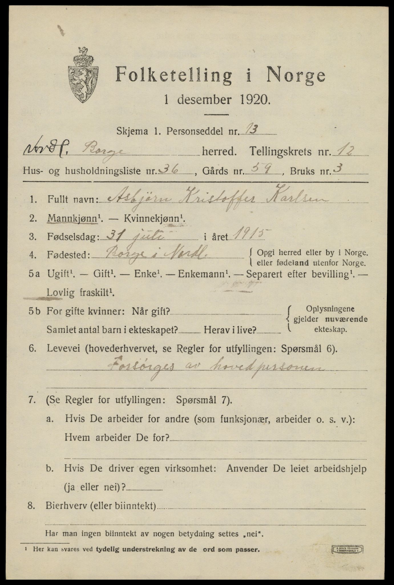 SAT, 1920 census for Borge, 1920, p. 10295