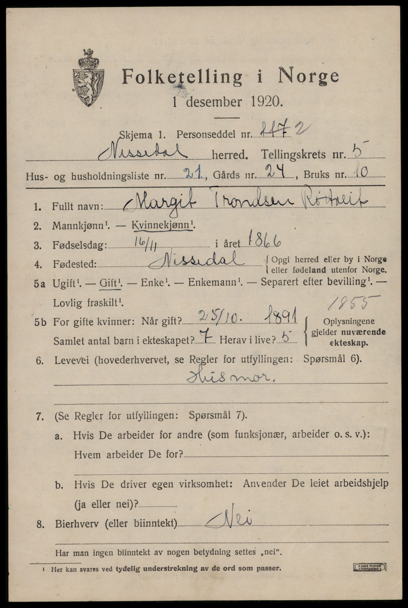 SAKO, 1920 census for Nissedal, 1920, p. 2263