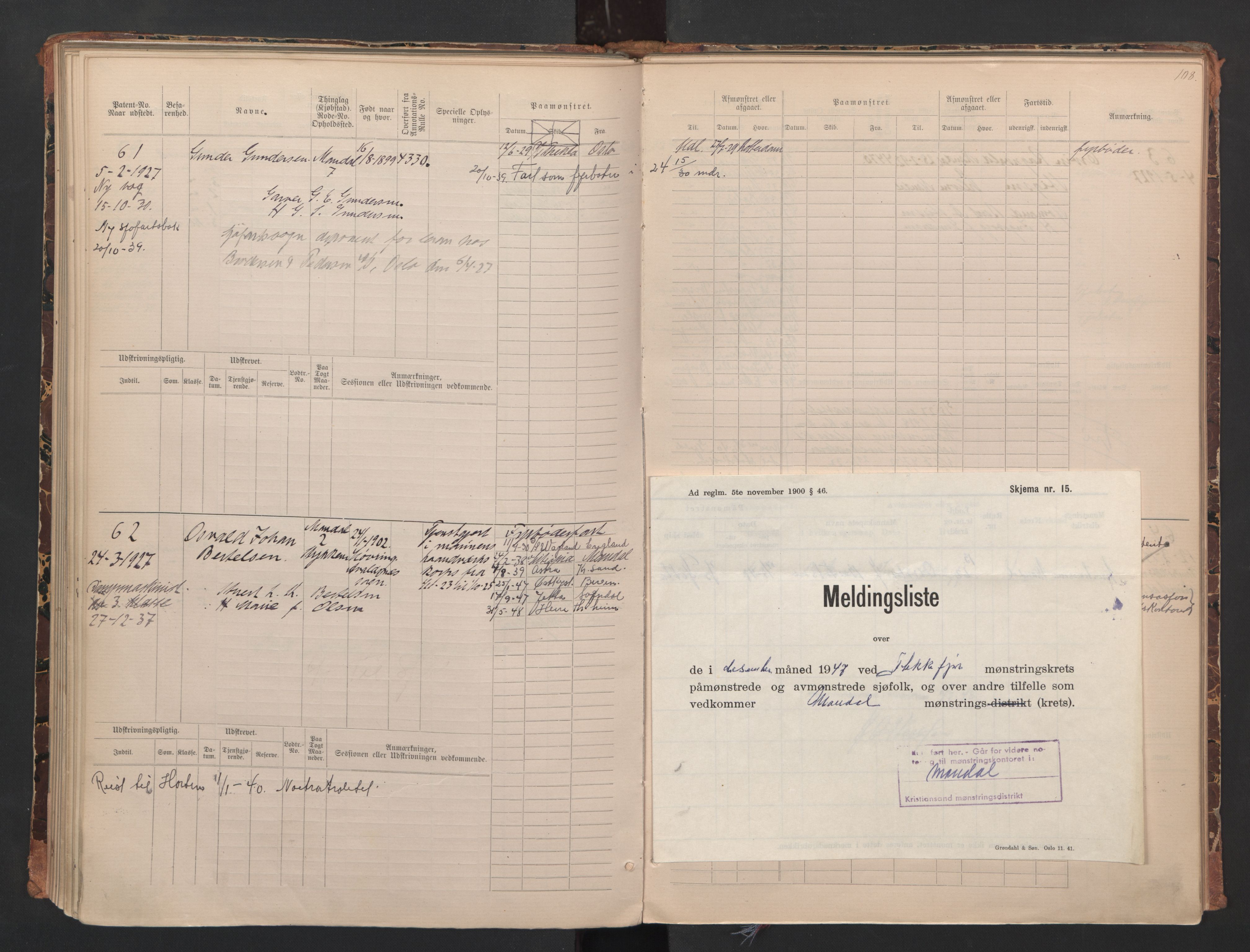 Mandal mønstringskrets, AV/SAK-2031-0016/F/Fa/L0008: Annotasjonsrulle nr 1-3, hovedrulle nr 1-122, maskinister og fyrbøtere, med register, Y-18, 1883-1948, p. 62