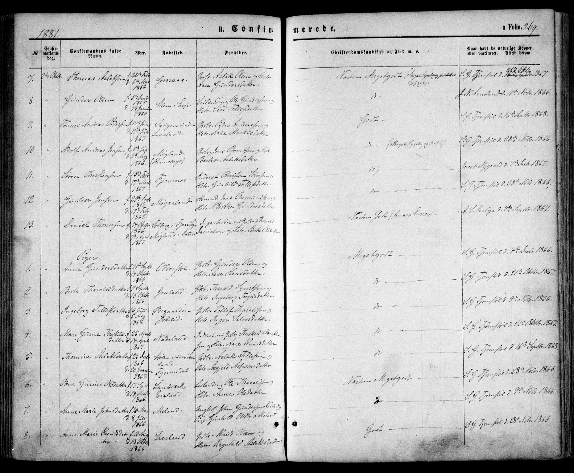 Evje sokneprestkontor, AV/SAK-1111-0008/F/Fa/Faa/L0006: Parish register (official) no. A 6, 1866-1884, p. 269