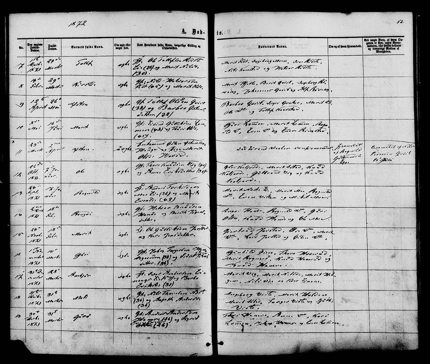 Vestre Slidre prestekontor, SAH/PREST-136/H/Ha/Haa/L0003: Parish register (official) no. 3, 1865-1880, p. 52