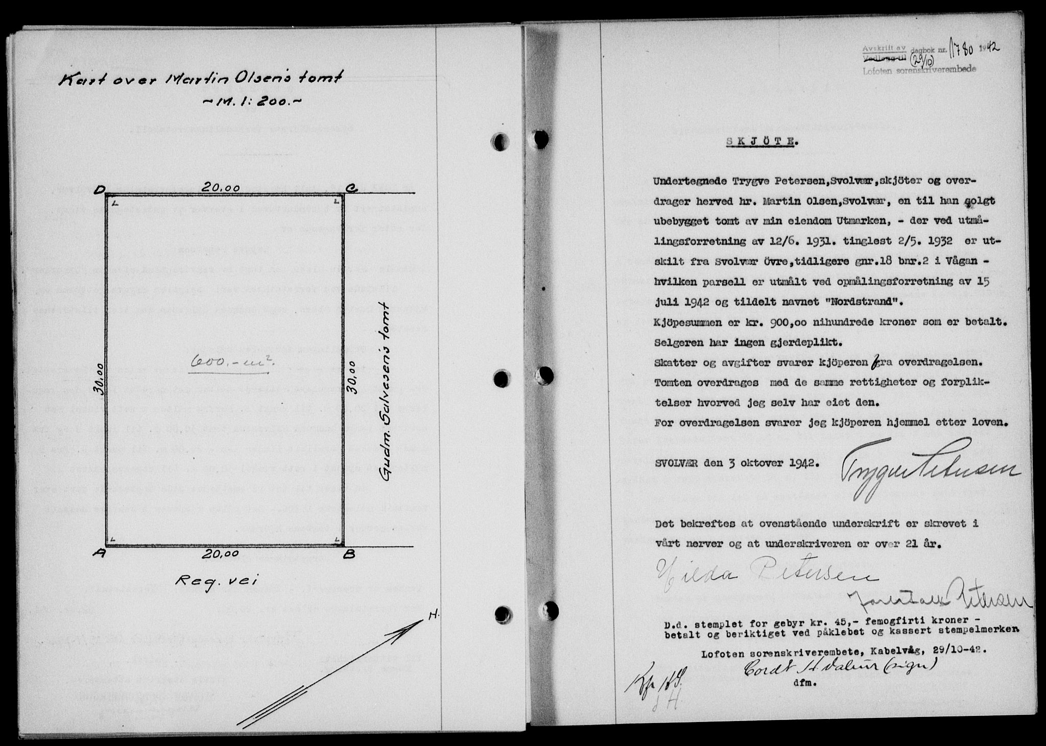 Lofoten sorenskriveri, SAT/A-0017/1/2/2C/L0010a: Mortgage book no. 10a, 1942-1943, Diary no: : 1780/1942
