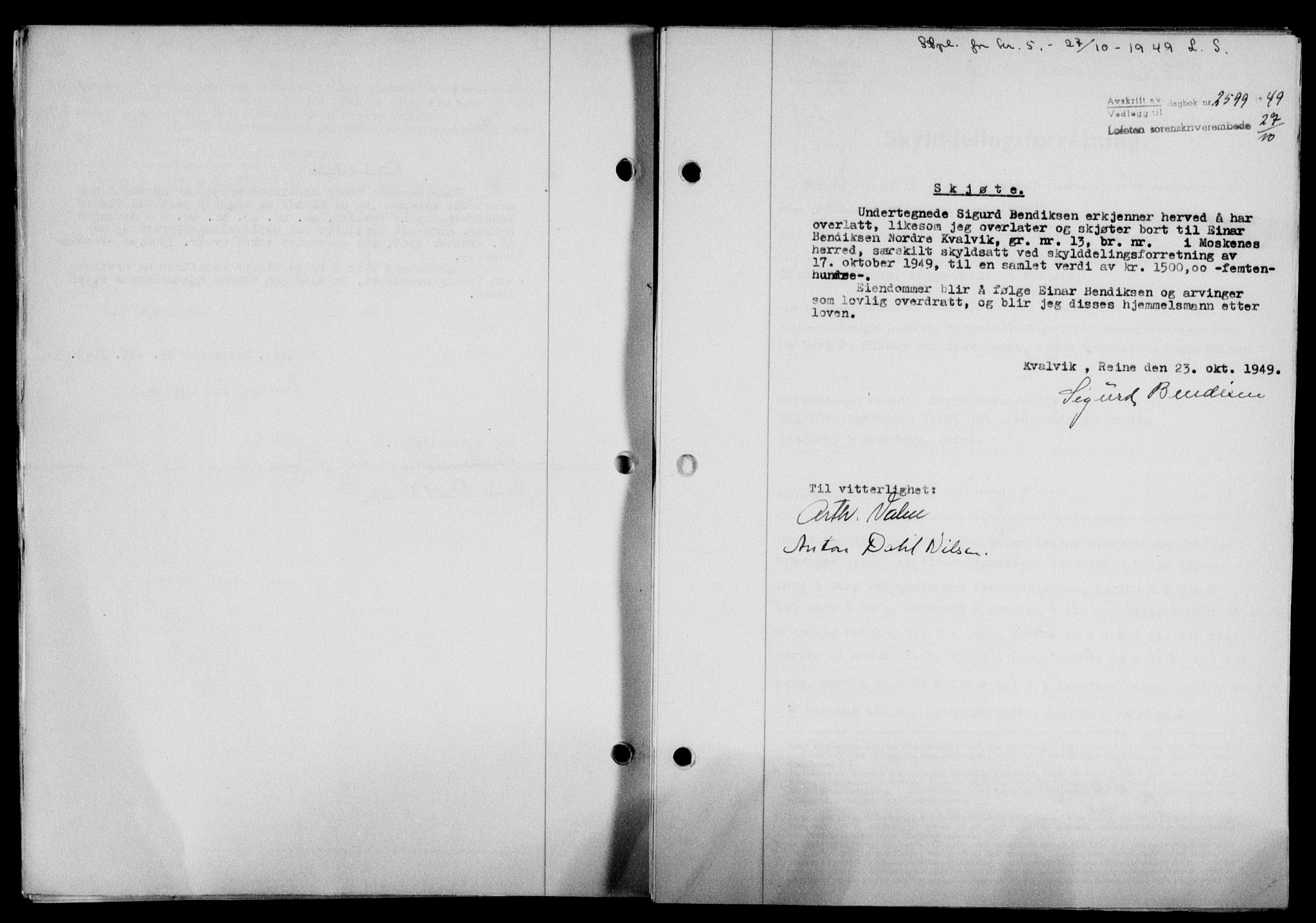 Lofoten sorenskriveri, SAT/A-0017/1/2/2C/L0022a: Mortgage book no. 22a, 1949-1950, Diary no: : 2599/1949
