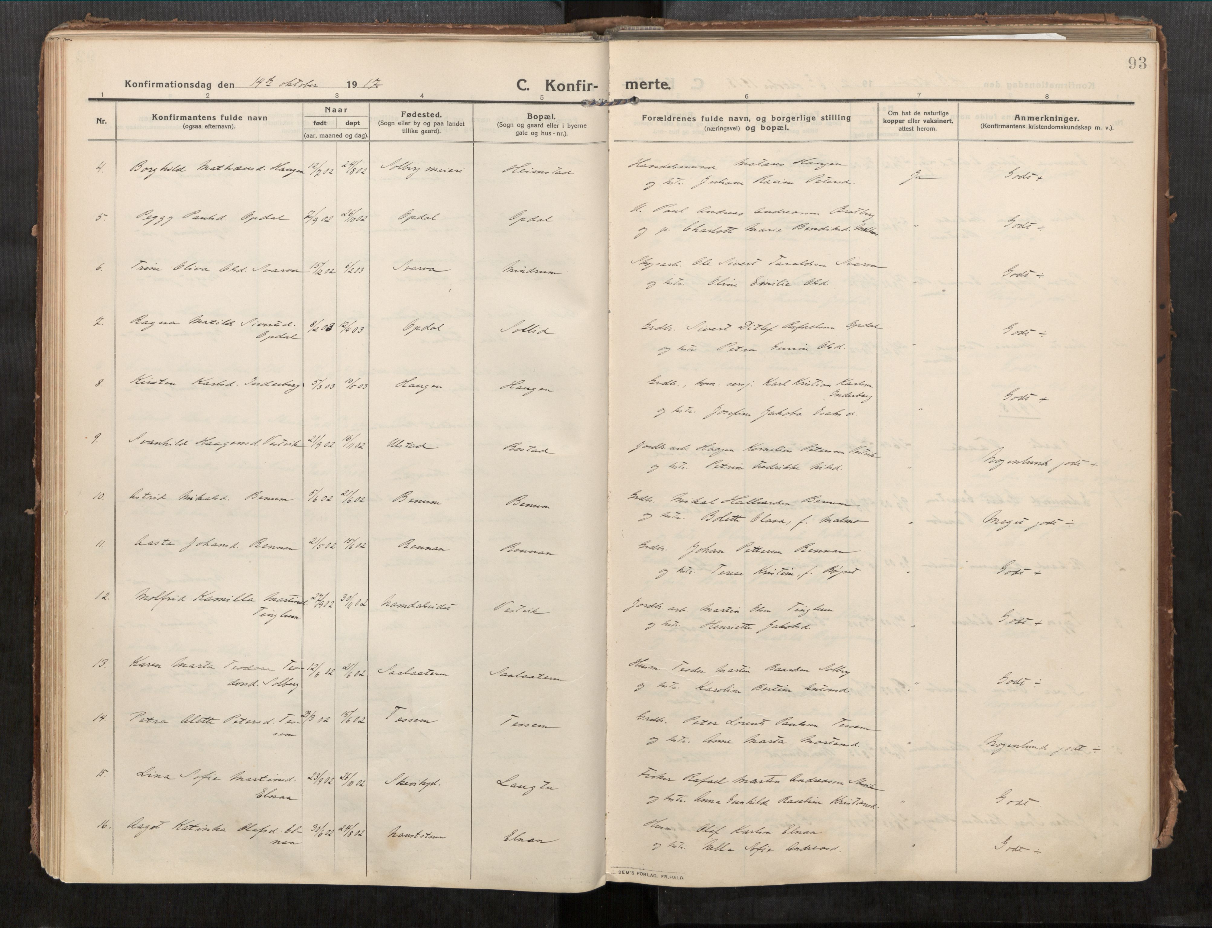 Beitstad sokneprestkontor, SAT/A-1162/I/I1/I1a/L0001: Parish register (official) no. 1, 1912-1927, p. 93