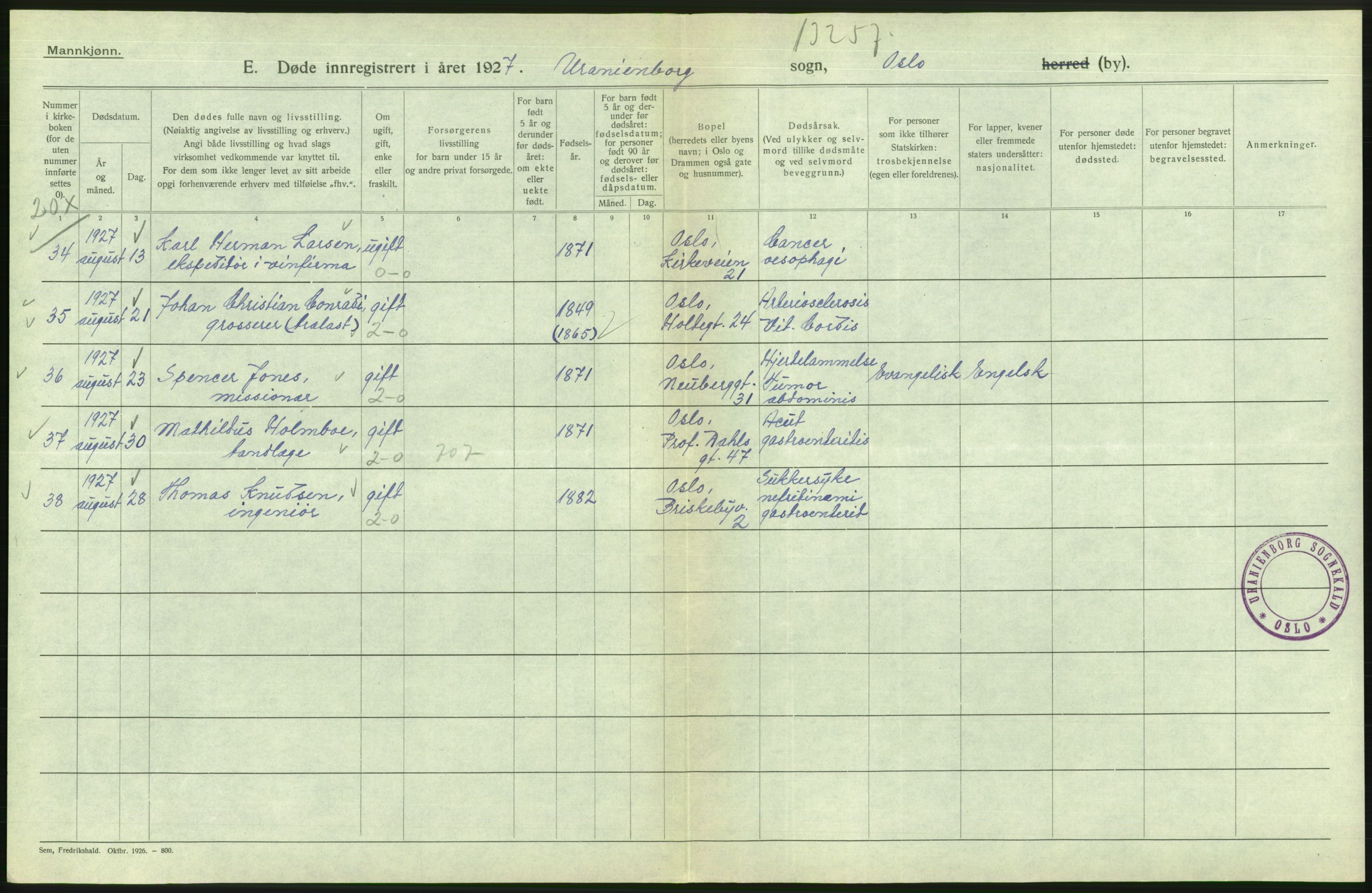 Statistisk sentralbyrå, Sosiodemografiske emner, Befolkning, AV/RA-S-2228/D/Df/Dfc/Dfcg/L0009: Oslo: Døde menn, 1927, p. 156