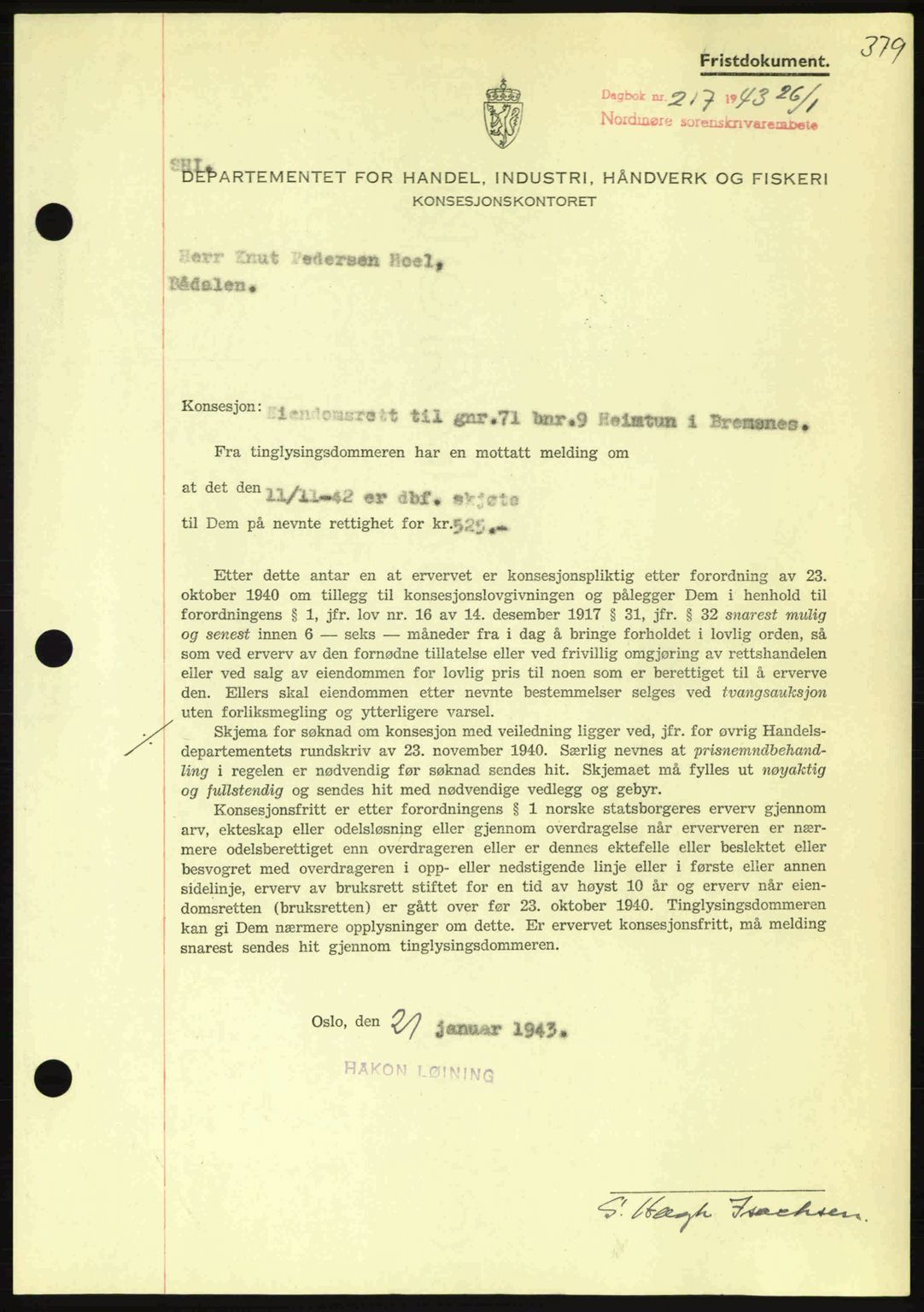 Nordmøre sorenskriveri, AV/SAT-A-4132/1/2/2Ca: Mortgage book no. B90, 1942-1943, Diary no: : 217/1943