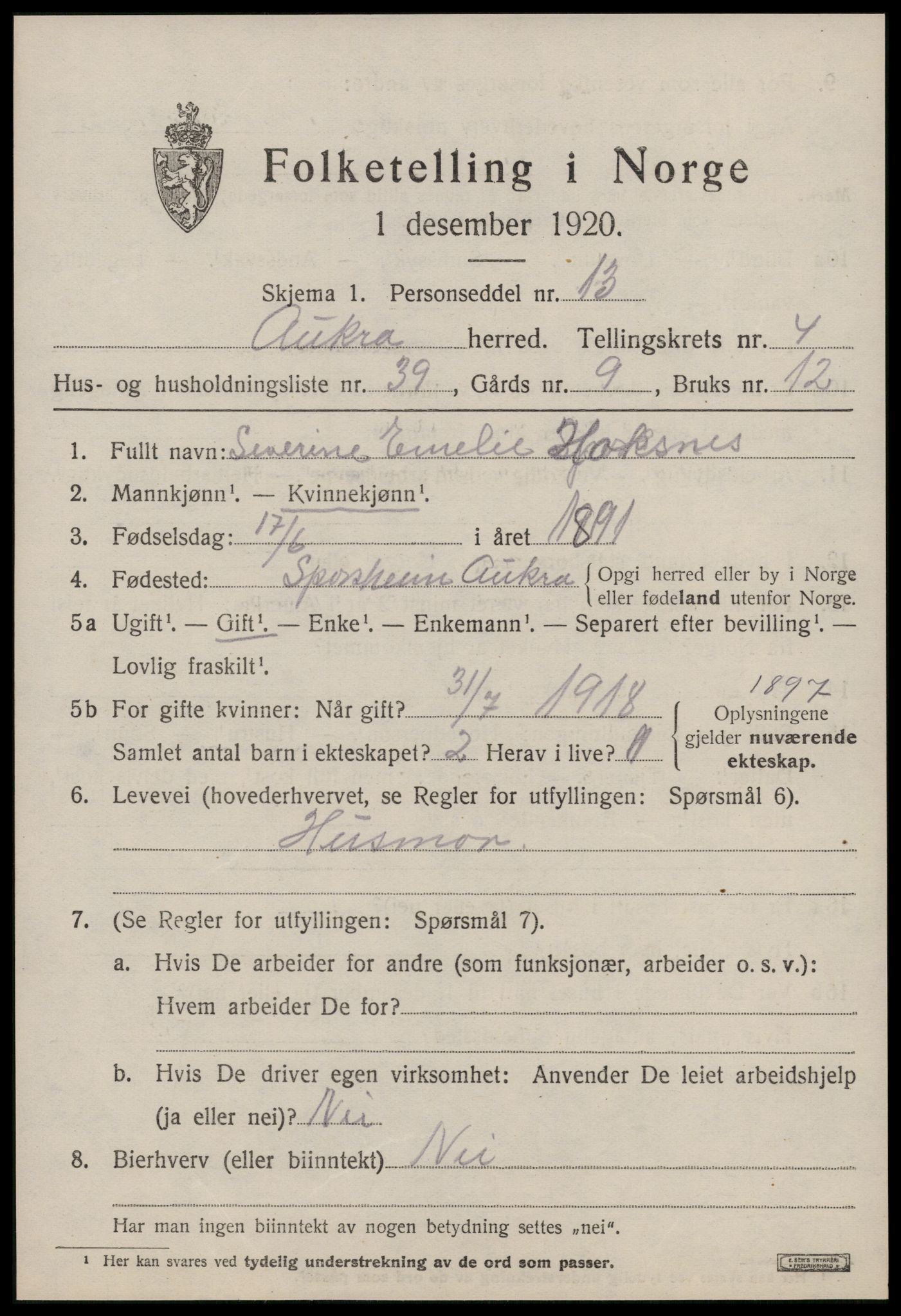 SAT, 1920 census for Aukra, 1920, p. 3273