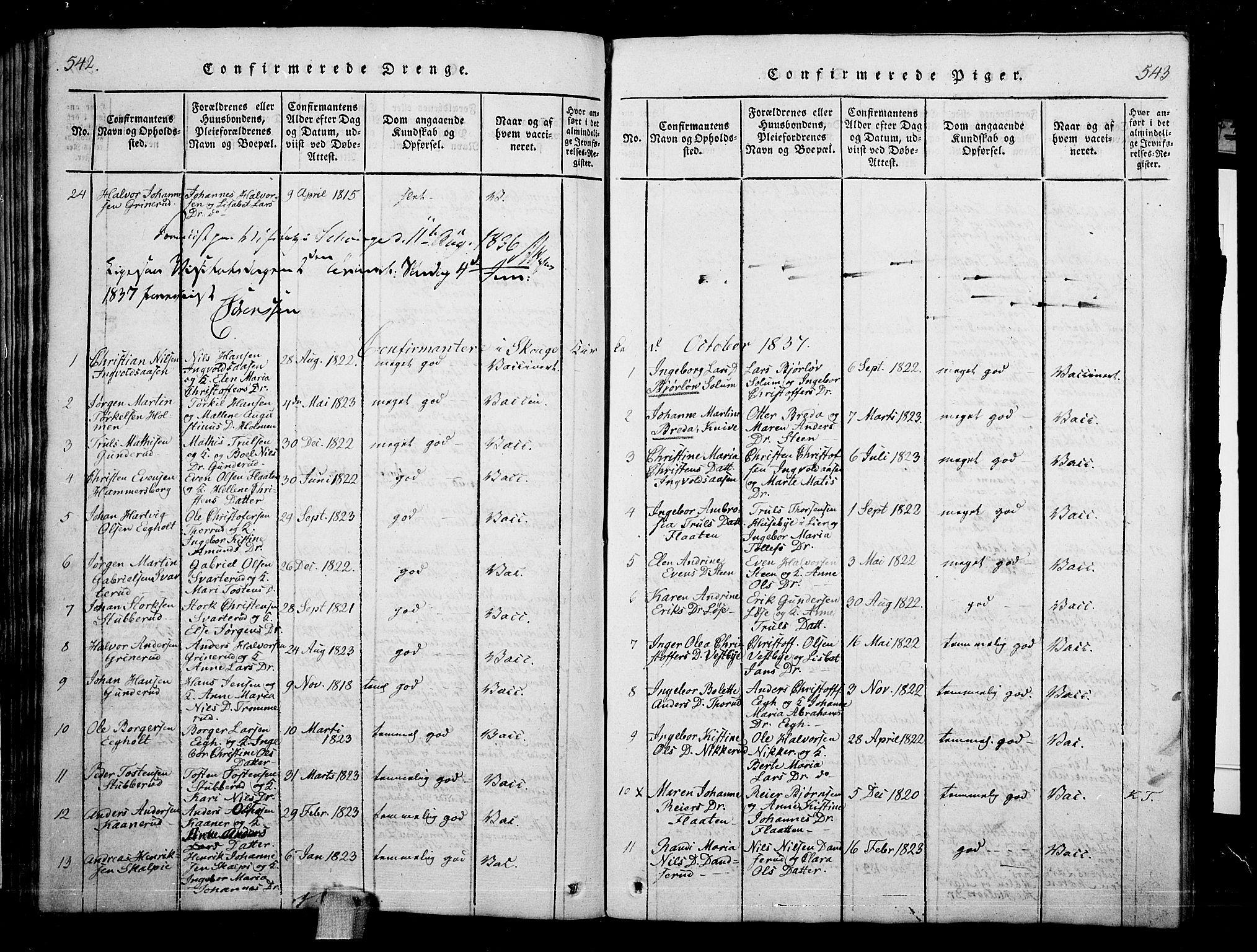 Skoger kirkebøker, AV/SAKO-A-59/G/Ga/L0001: Parish register (copy) no. I 1, 1814-1845, p. 542-543