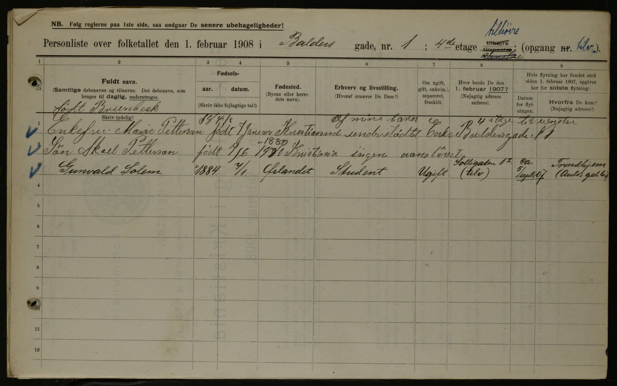 OBA, Municipal Census 1908 for Kristiania, 1908, p. 3066