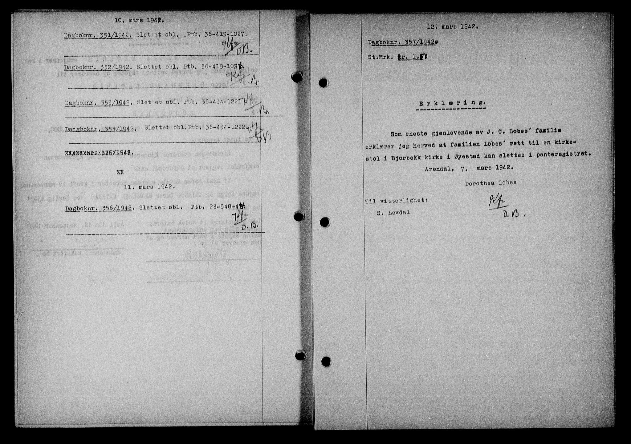 Nedenes sorenskriveri, SAK/1221-0006/G/Gb/Gba/L0049: Mortgage book no. A-III, 1941-1942, Diary no: : 357/1942