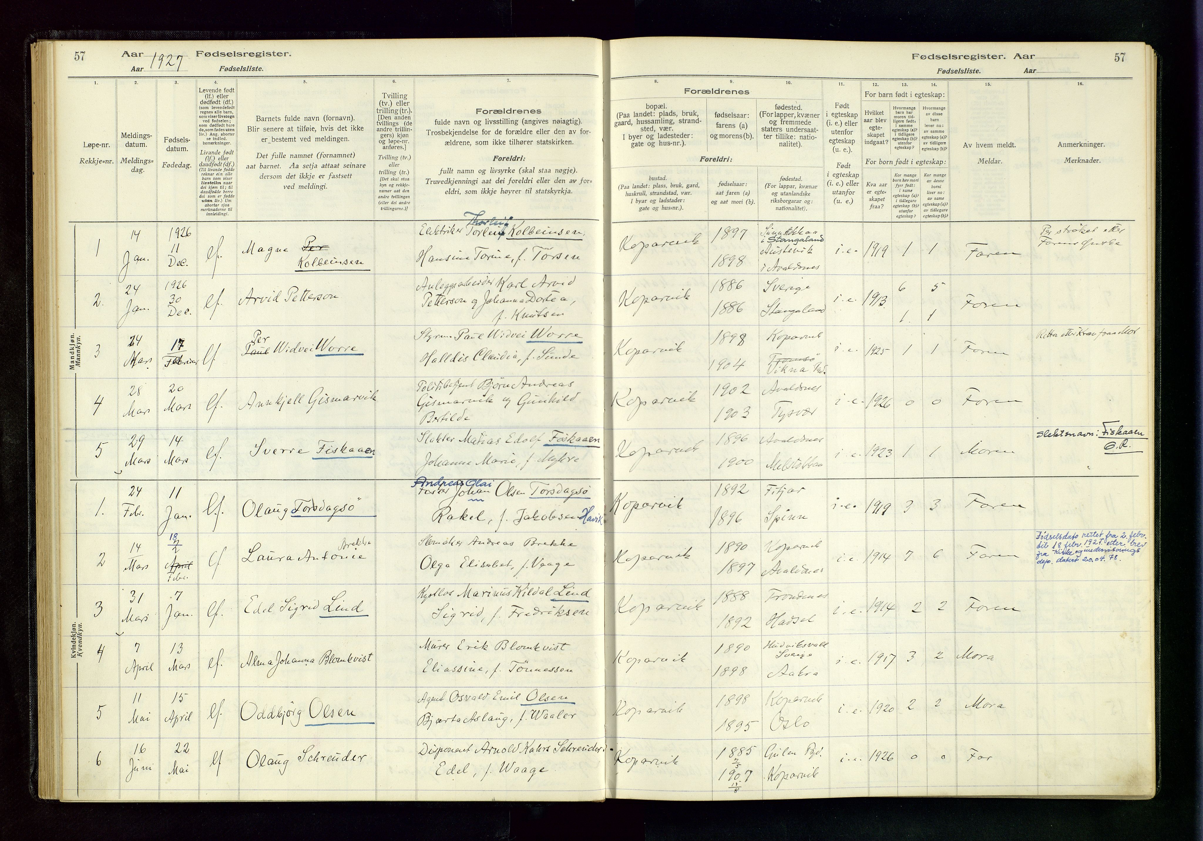 Kopervik sokneprestkontor, AV/SAST-A-101850/I/Id/L0001: Birth register no. 1, 1916-1952, p. 57