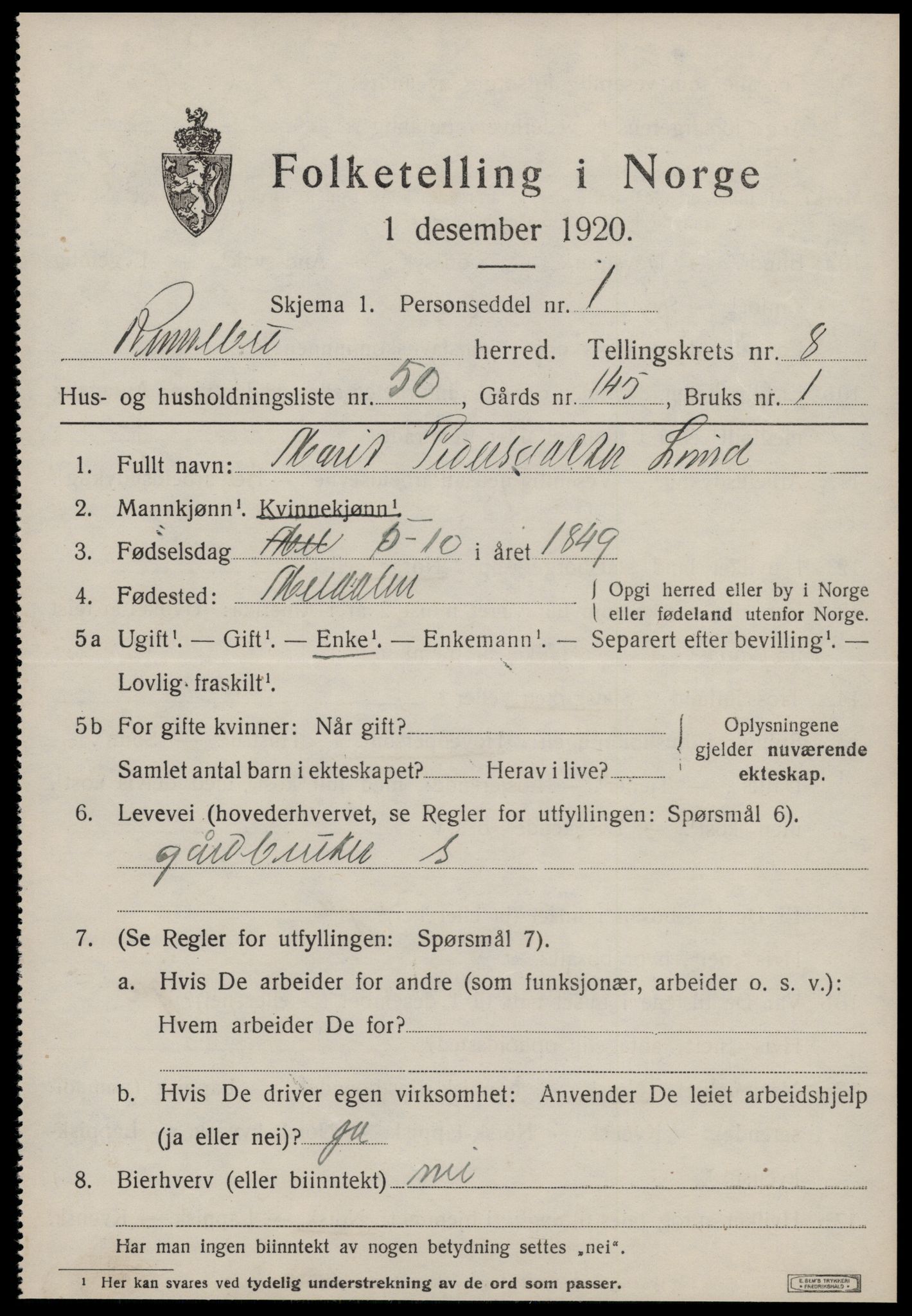 SAT, 1920 census for Rennebu, 1920, p. 5806