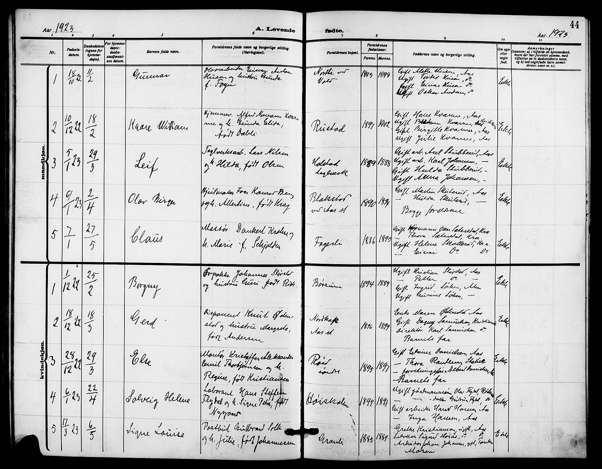 Ås prestekontor Kirkebøker, AV/SAO-A-10894/G/Ga/L0005: Parish register (copy) no. I 5, 1916-1924, p. 44