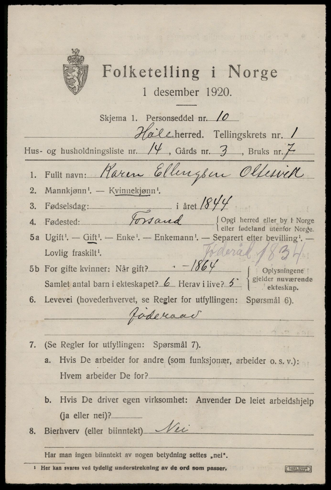 SAST, 1920 census for Høle, 1920, p. 667