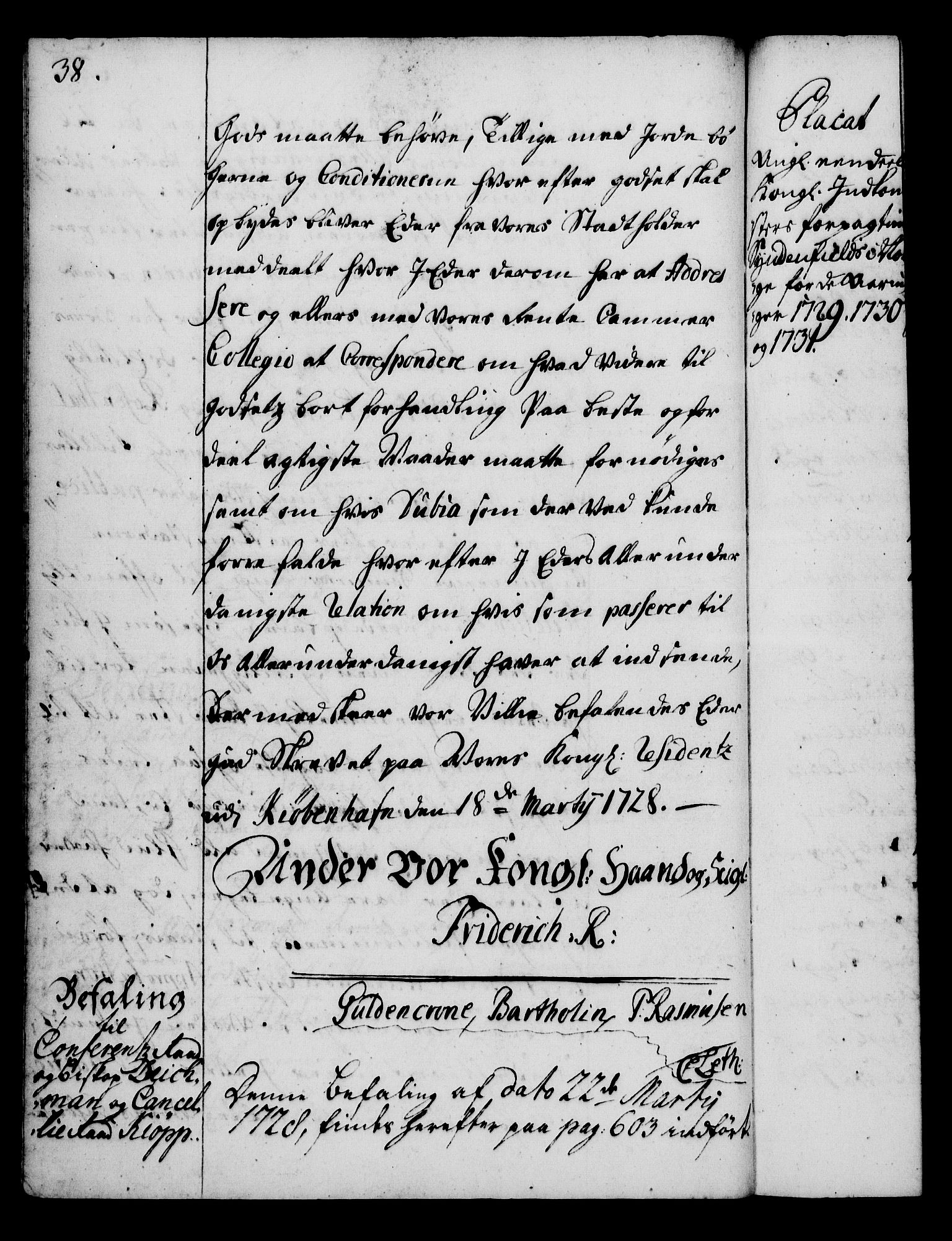 Rentekammeret, Kammerkanselliet, RA/EA-3111/G/Gg/Gga/L0003: Norsk ekspedisjonsprotokoll med register (merket RK 53.3), 1727-1734, p. 38