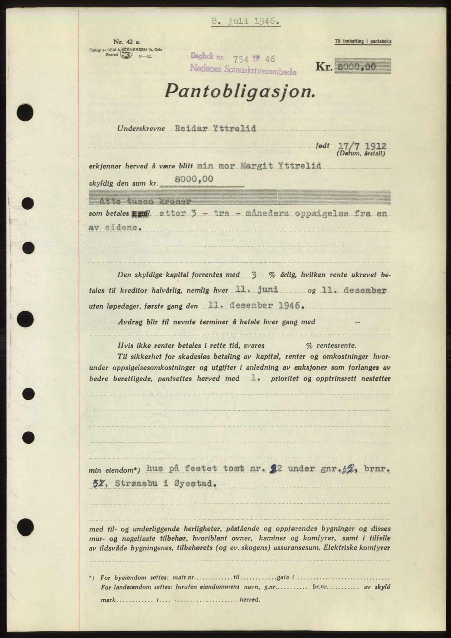 Nedenes sorenskriveri, SAK/1221-0006/G/Gb/Gbb/L0003: Mortgage book no. B3b, 1946-1946, Diary no: : 754/1946