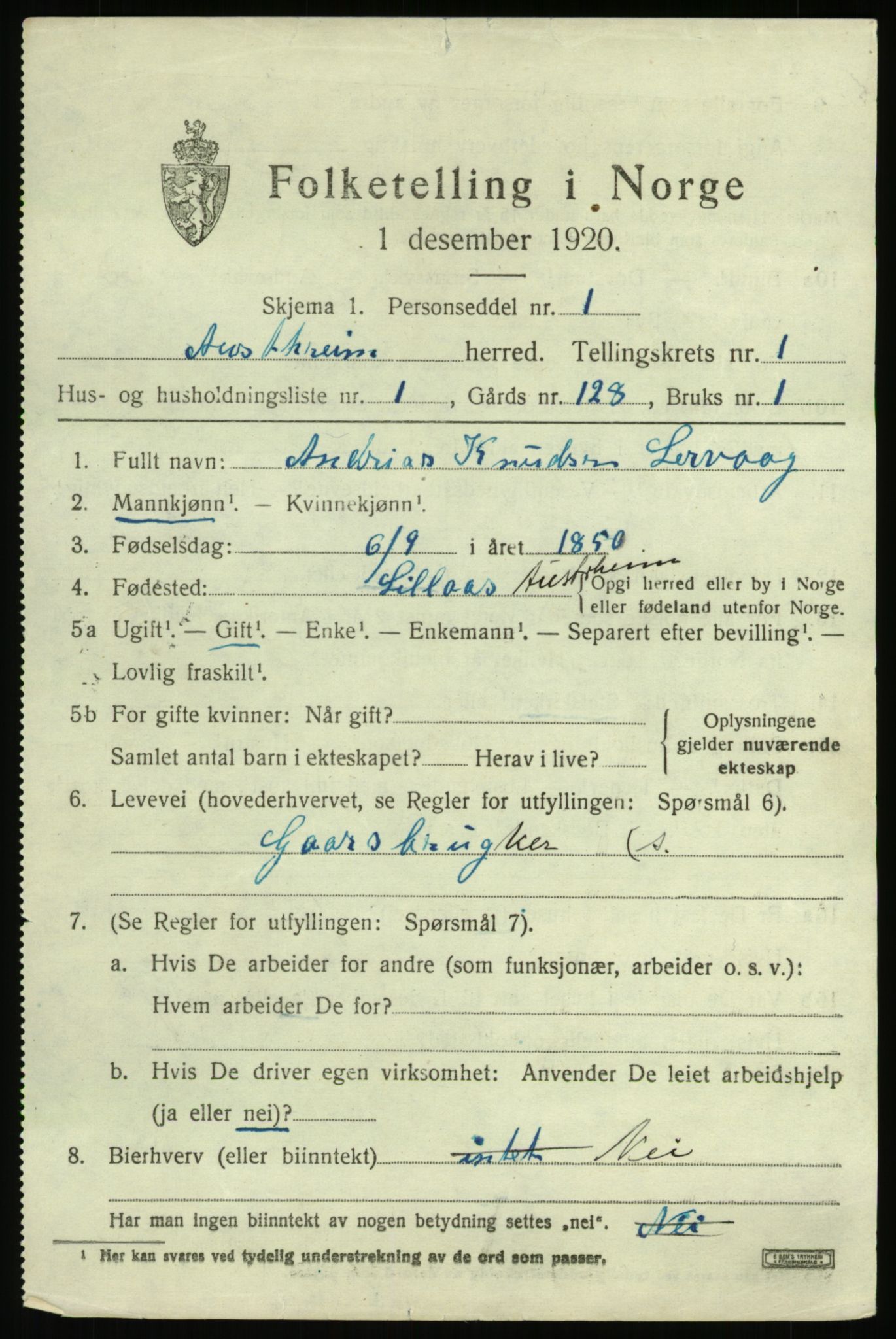 SAB, 1920 census for Austrheim, 1920, p. 956