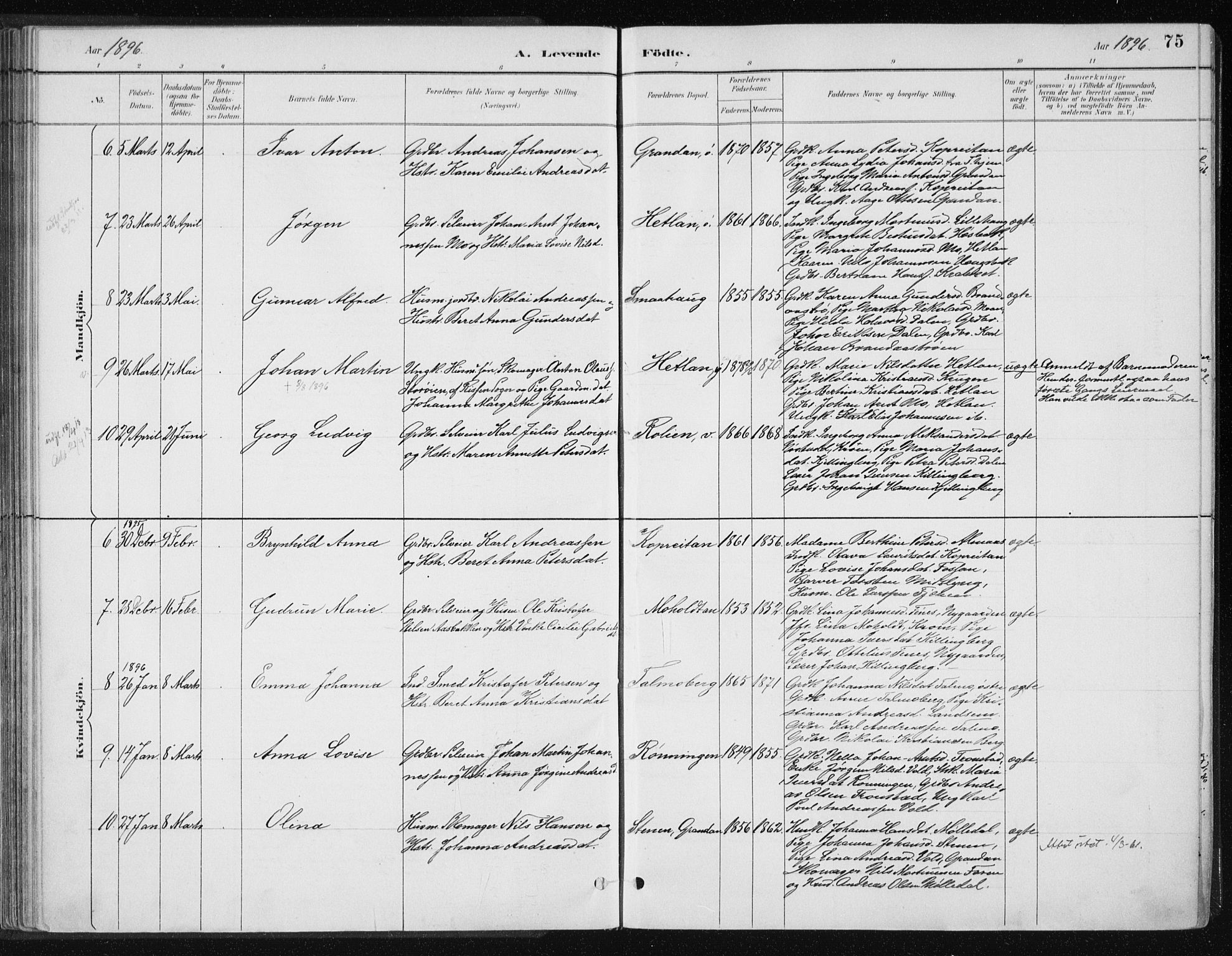Ministerialprotokoller, klokkerbøker og fødselsregistre - Nord-Trøndelag, SAT/A-1458/701/L0010: Parish register (official) no. 701A10, 1883-1899, p. 75