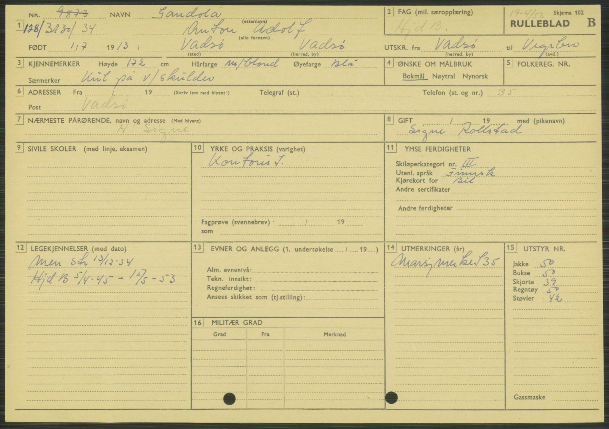 Forsvaret, Varanger bataljon, AV/RA-RAFA-2258/1/D/L0444: Rulleblad for menige født 1913-1914, 1913-1914, p. 68