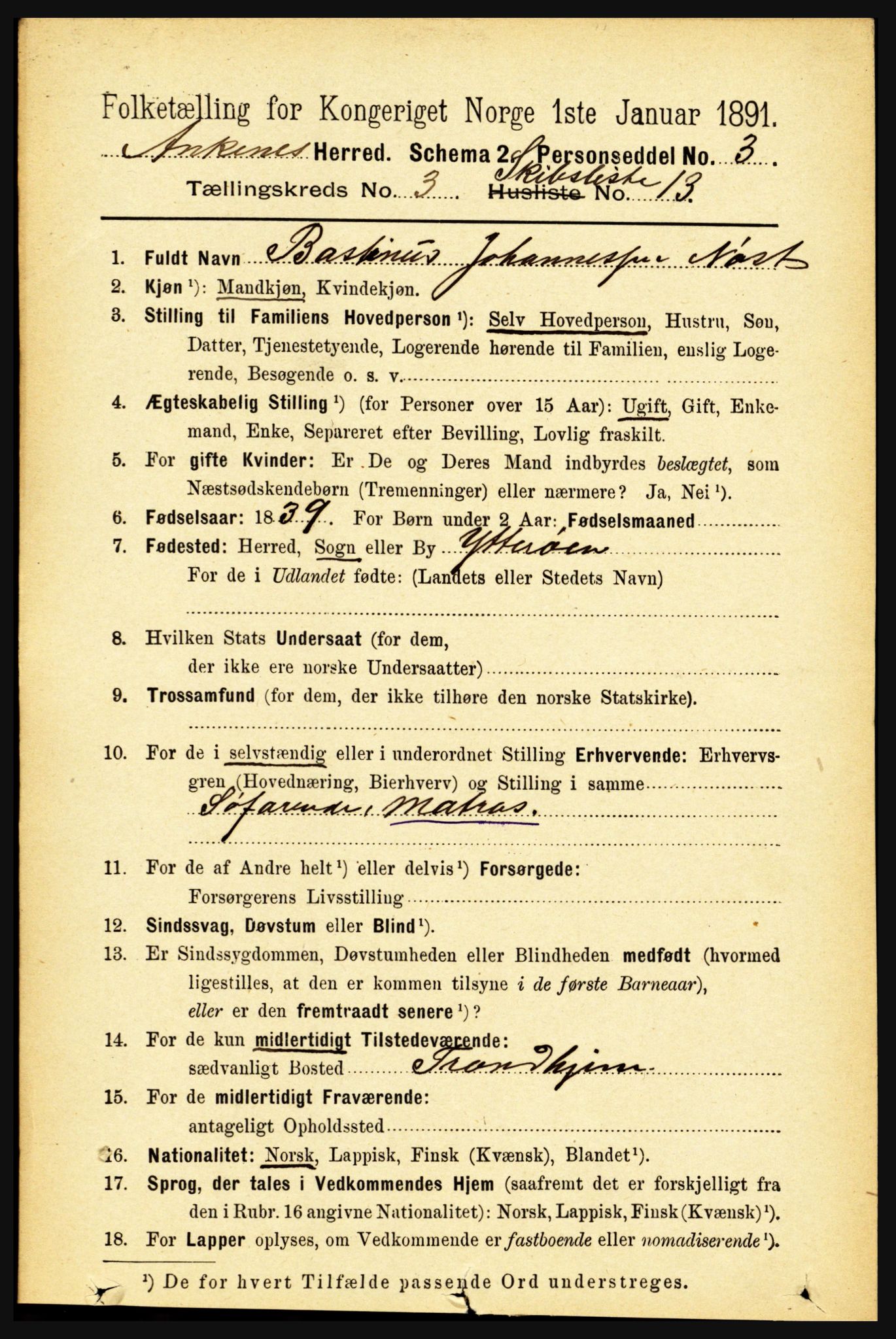 RA, 1891 census for 1855 Ankenes, 1891, p. 2251