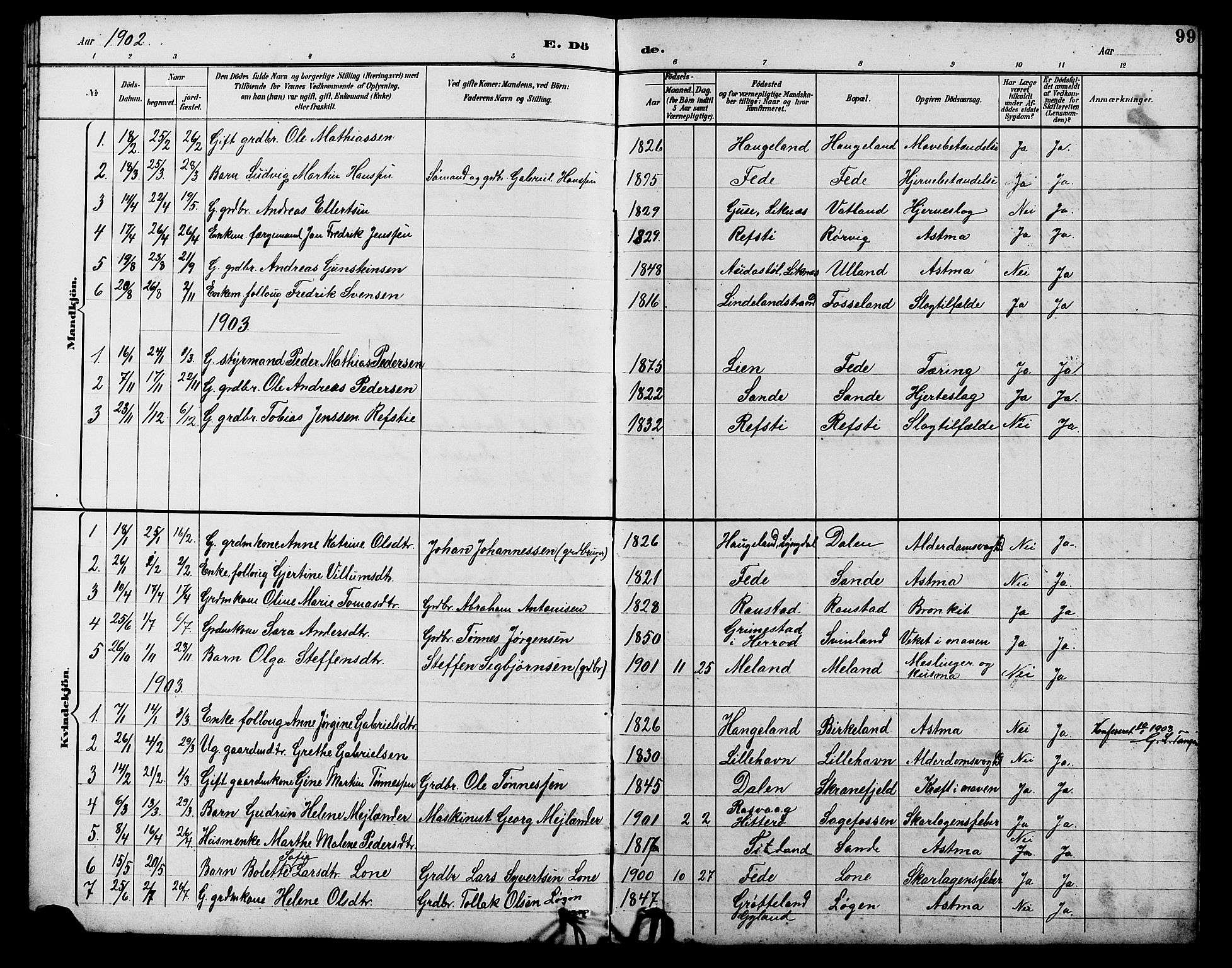 Kvinesdal sokneprestkontor, AV/SAK-1111-0026/F/Fb/Fba/L0004: Parish register (copy) no. B 4, 1894-1909, p. 99