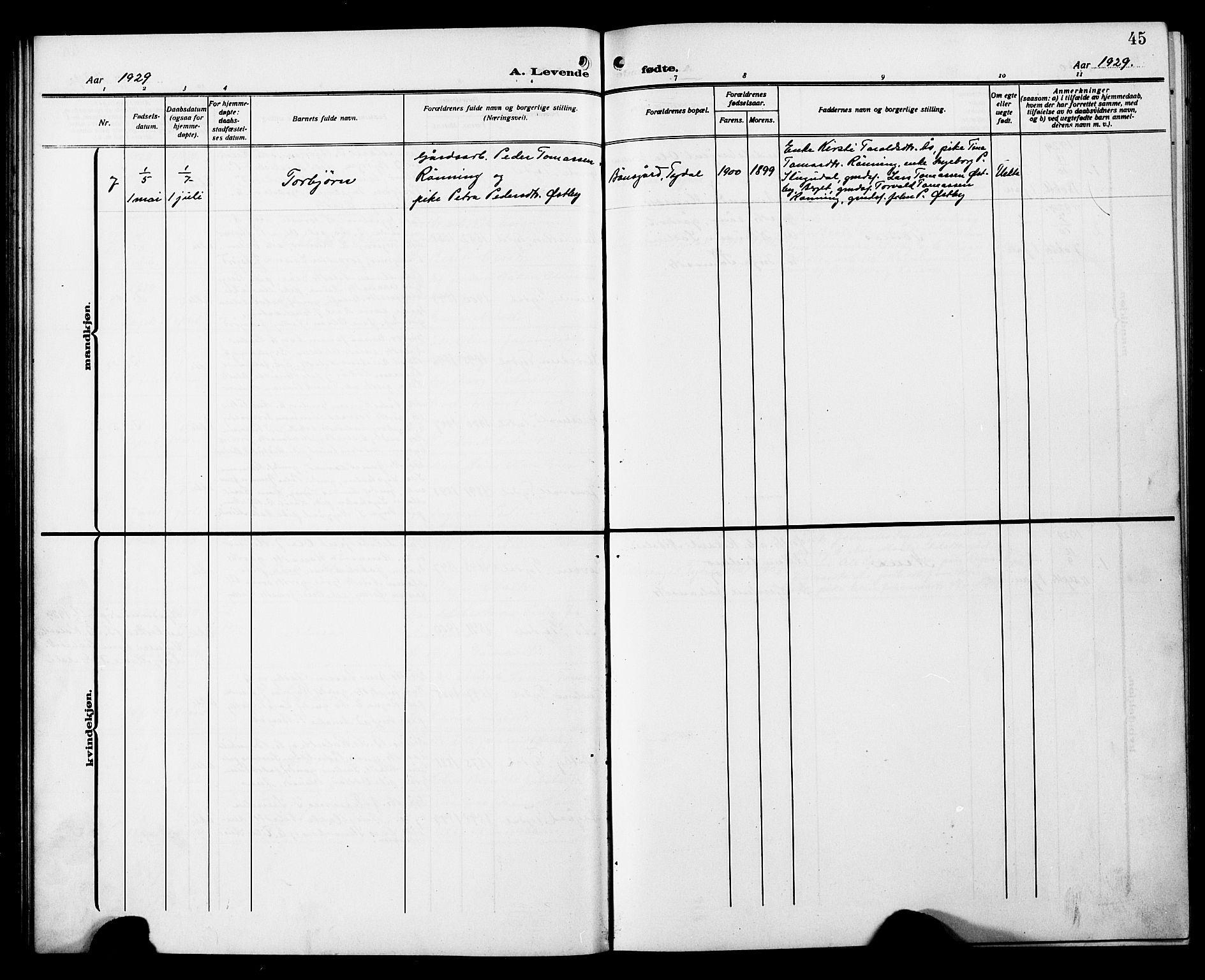 Ministerialprotokoller, klokkerbøker og fødselsregistre - Sør-Trøndelag, SAT/A-1456/698/L1168: Parish register (copy) no. 698C05, 1908-1930, p. 45