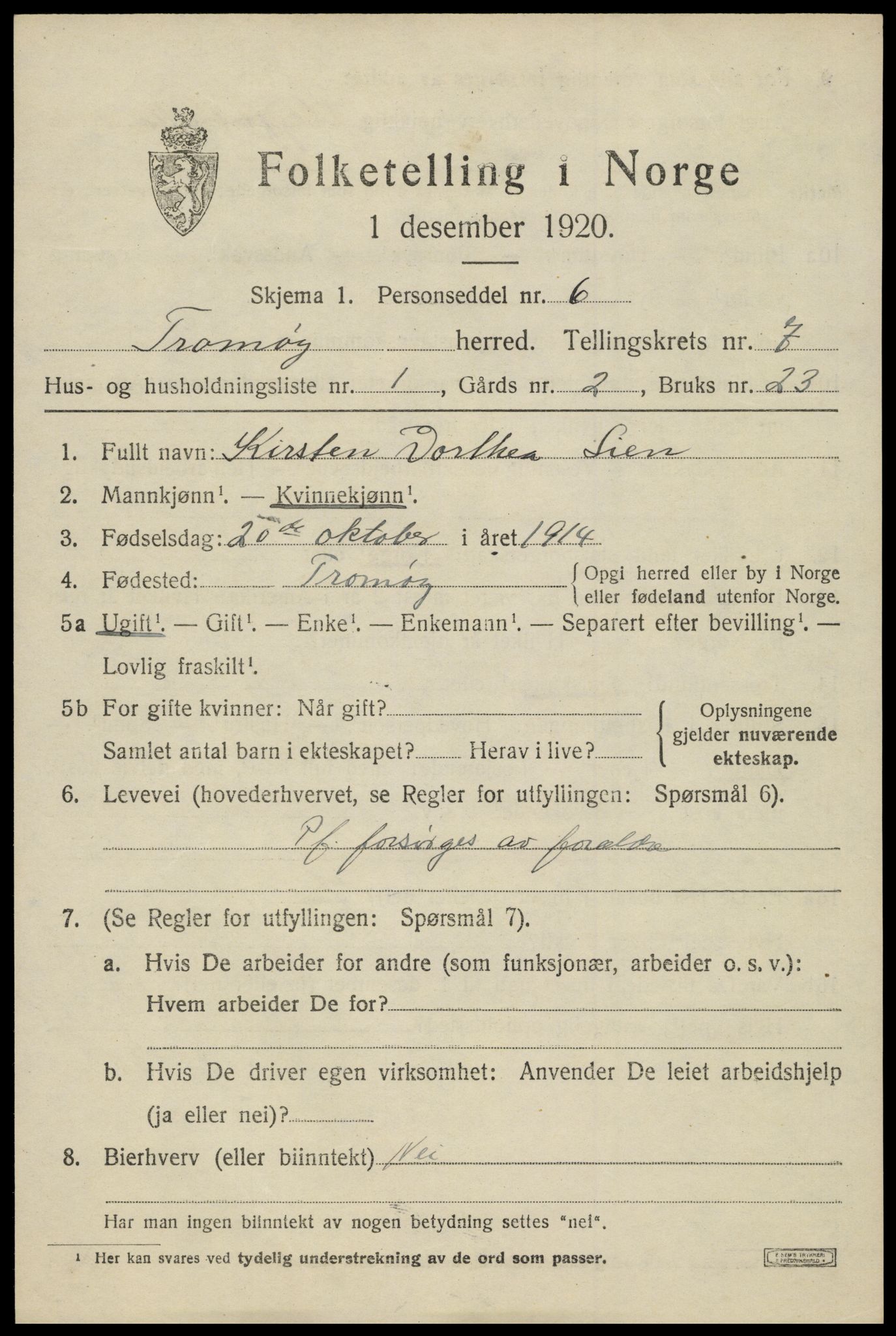 SAK, 1920 census for Tromøy, 1920, p. 4973