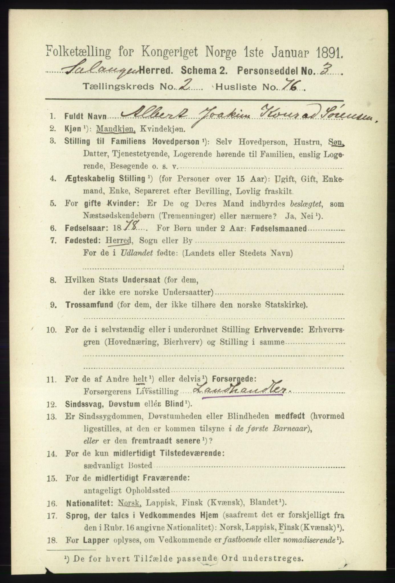 RA, 1891 census for 1921 Salangen, 1891, p. 1136