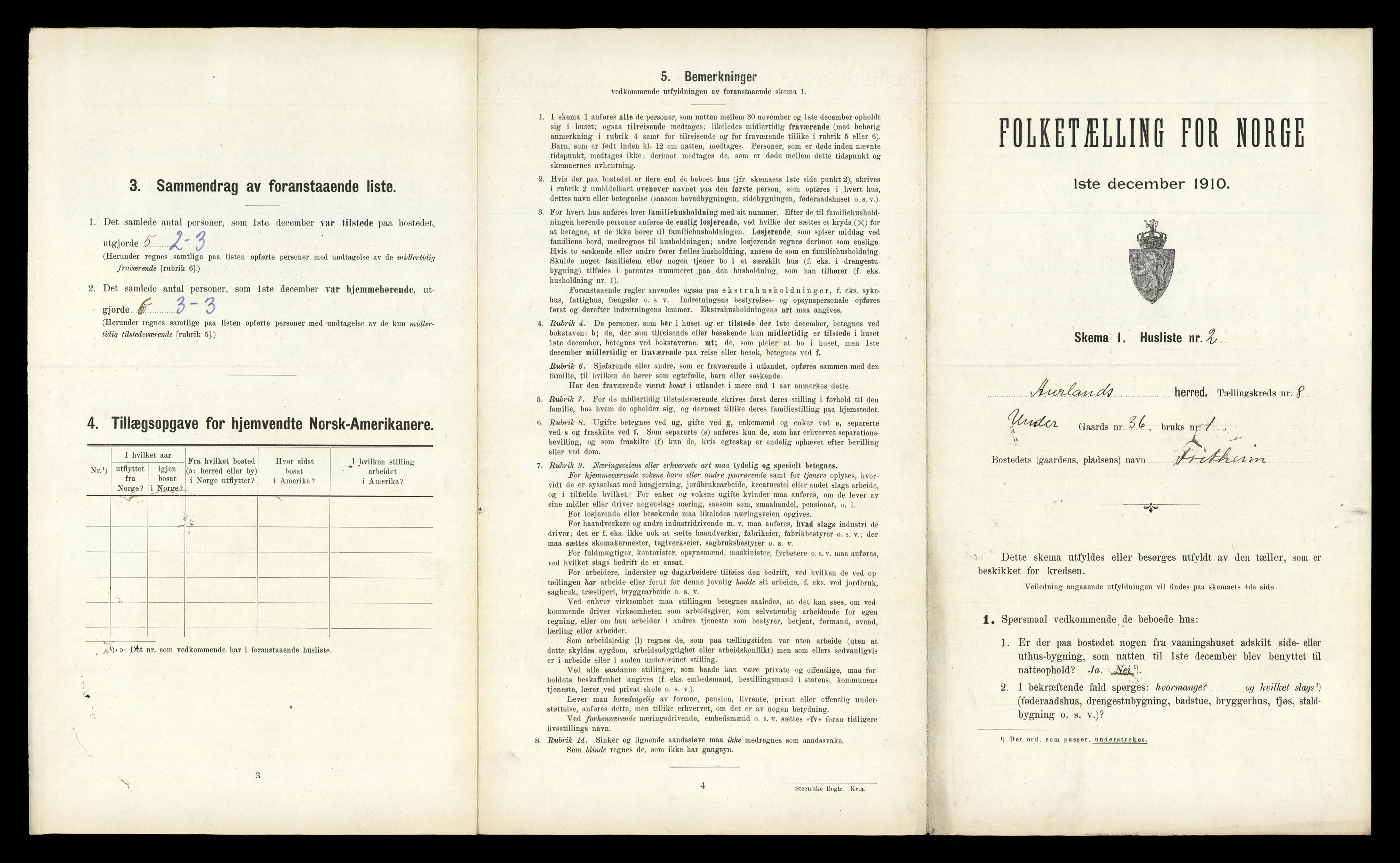 RA, 1910 census for Aurland, 1910, p. 705