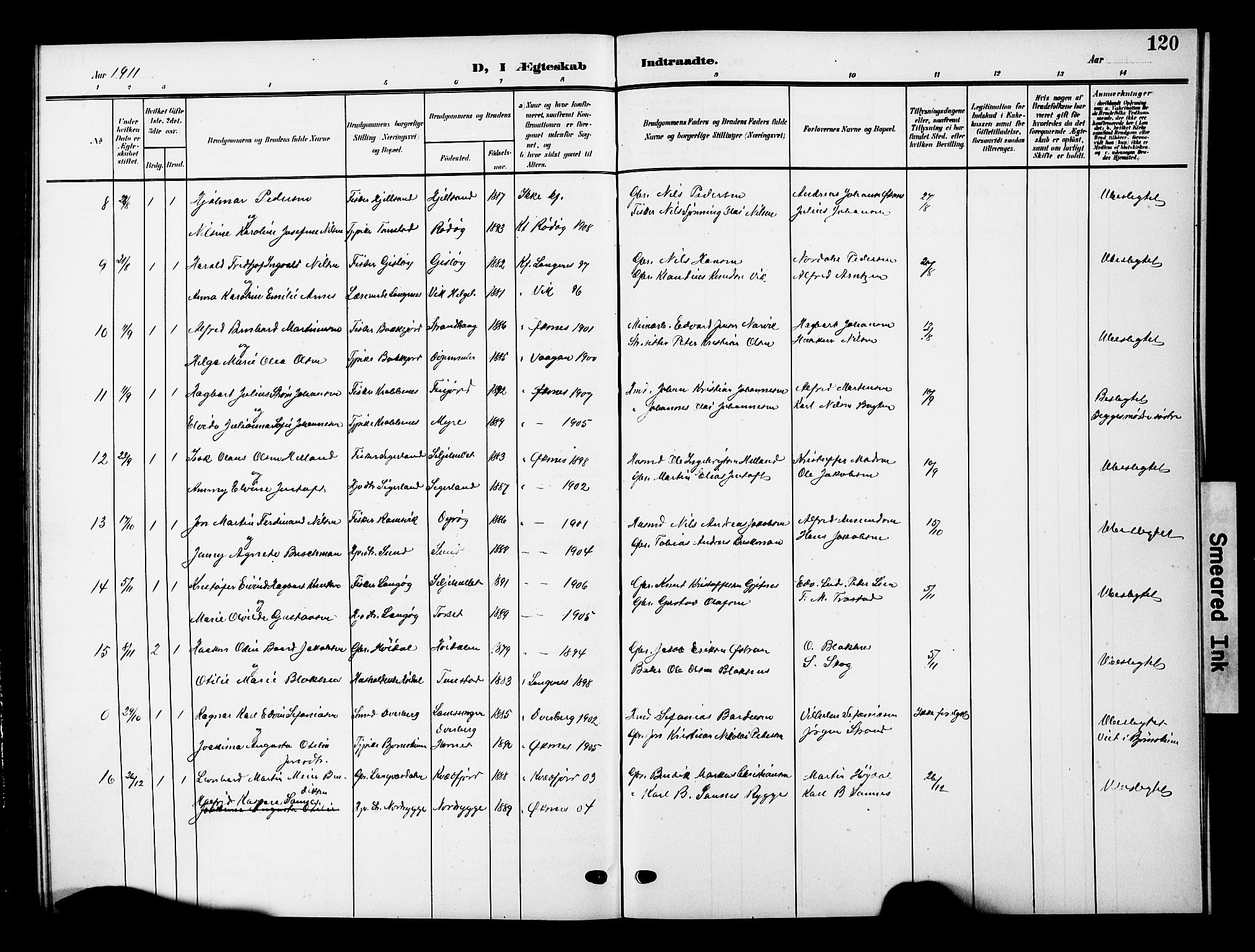 Ministerialprotokoller, klokkerbøker og fødselsregistre - Nordland, AV/SAT-A-1459/893/L1350: Parish register (copy) no. 893C05, 1906-1927, p. 120