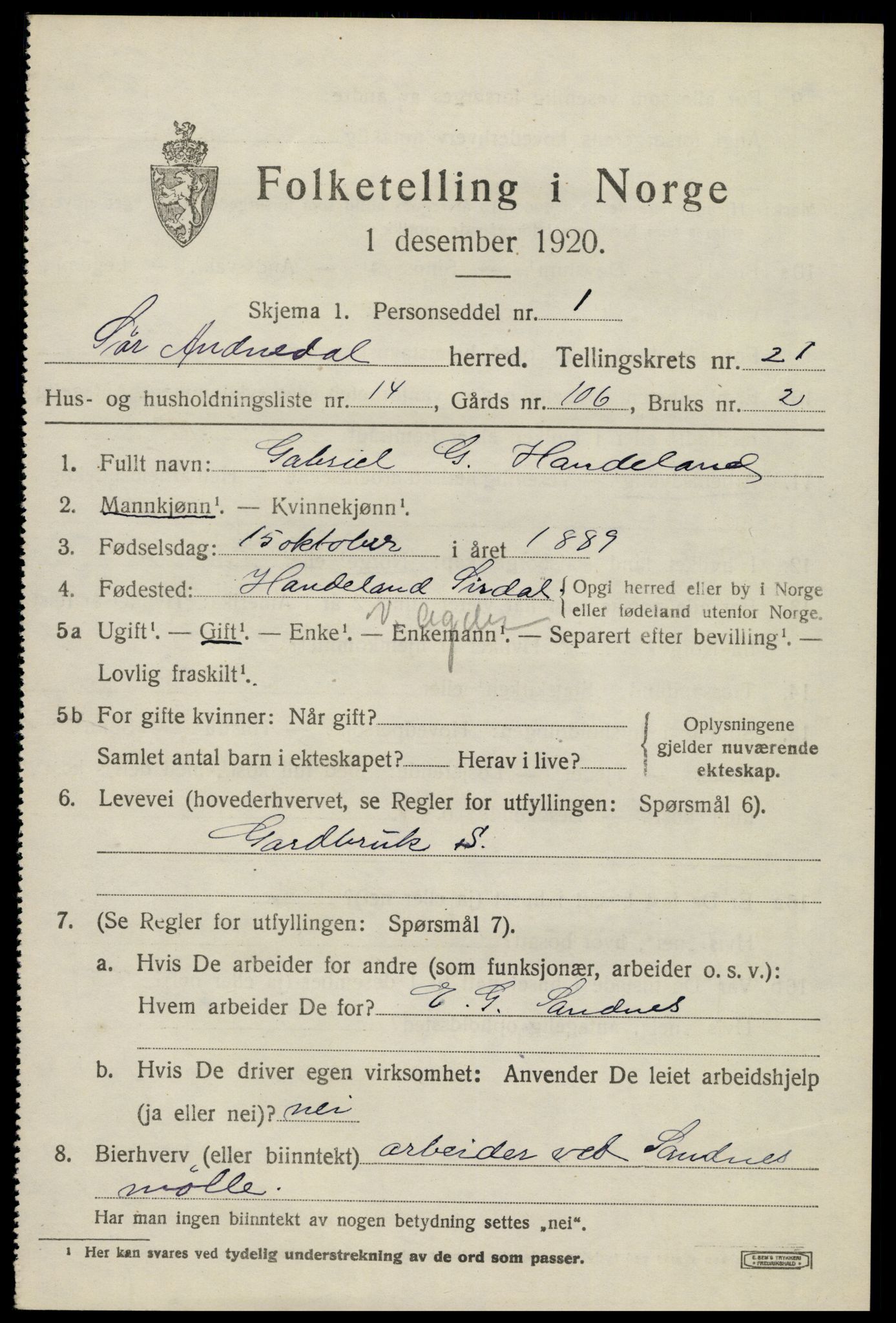 SAK, 1920 census for Sør-Audnedal, 1920, p. 7011