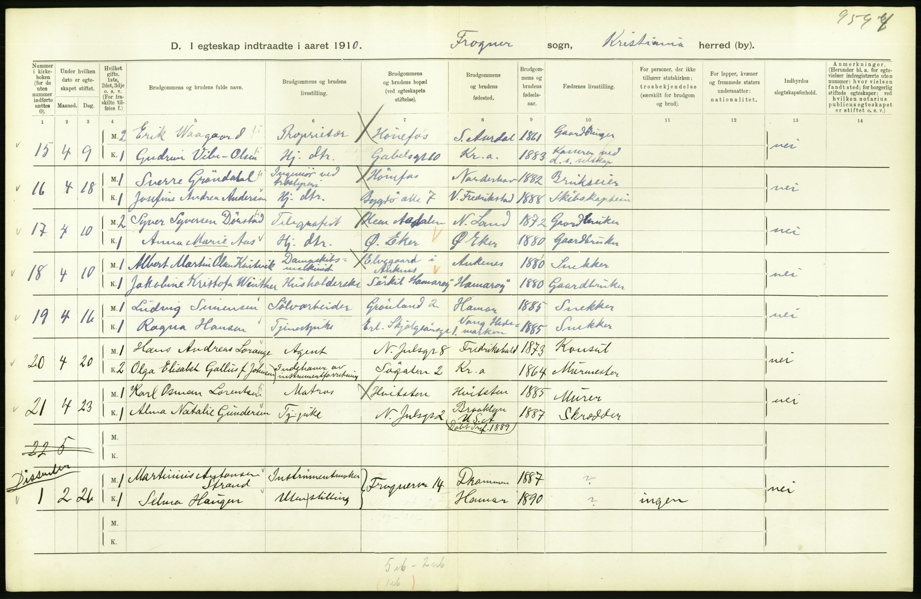 Statistisk sentralbyrå, Sosiodemografiske emner, Befolkning, AV/RA-S-2228/D/Df/Dfa/Dfah/L0009: Kristiania: Gifte og dødfødte., 1910, p. 578