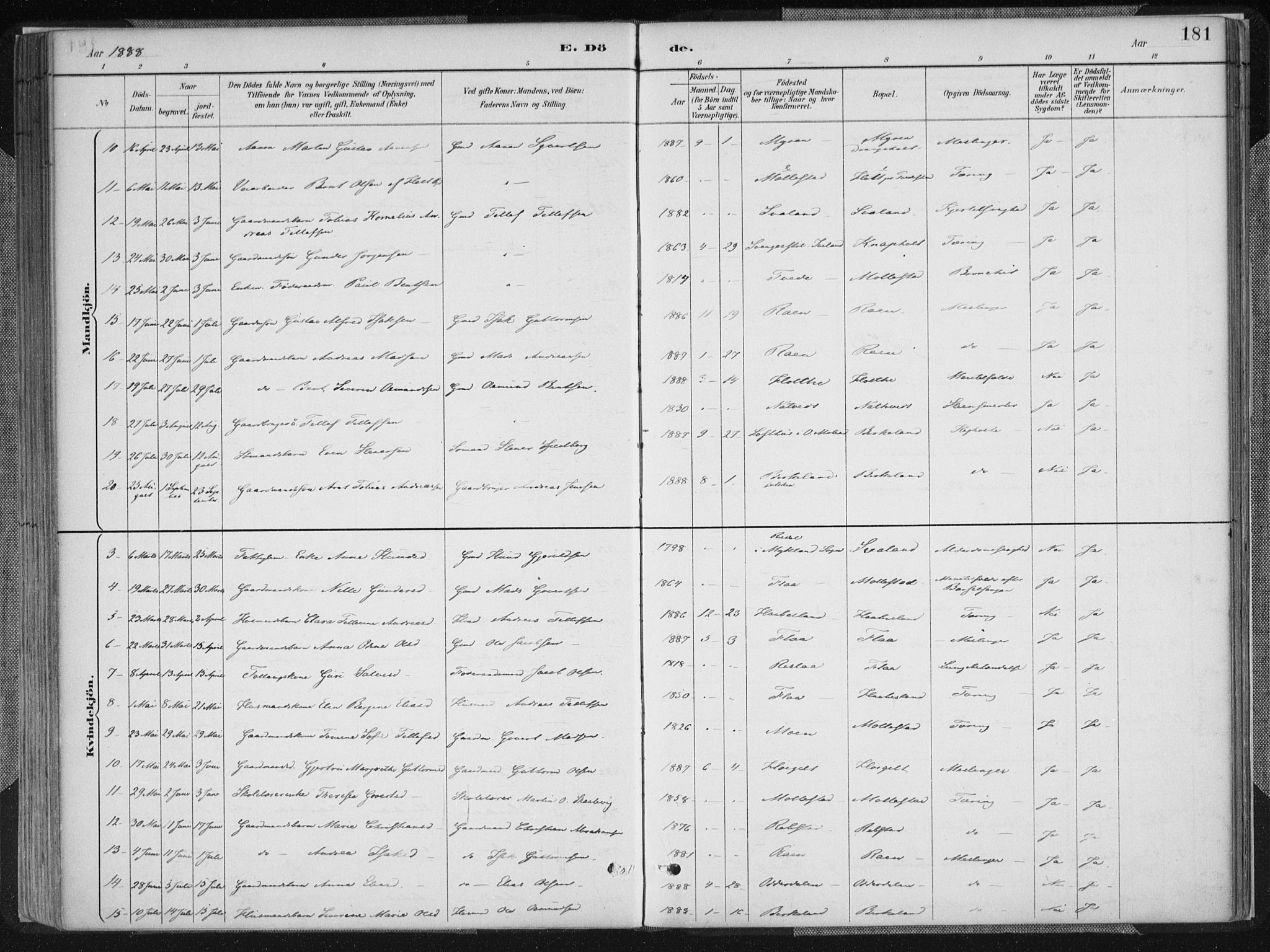 Birkenes sokneprestkontor, SAK/1111-0004/F/Fa/L0005: Parish register (official) no. A 5, 1887-1907, p. 181