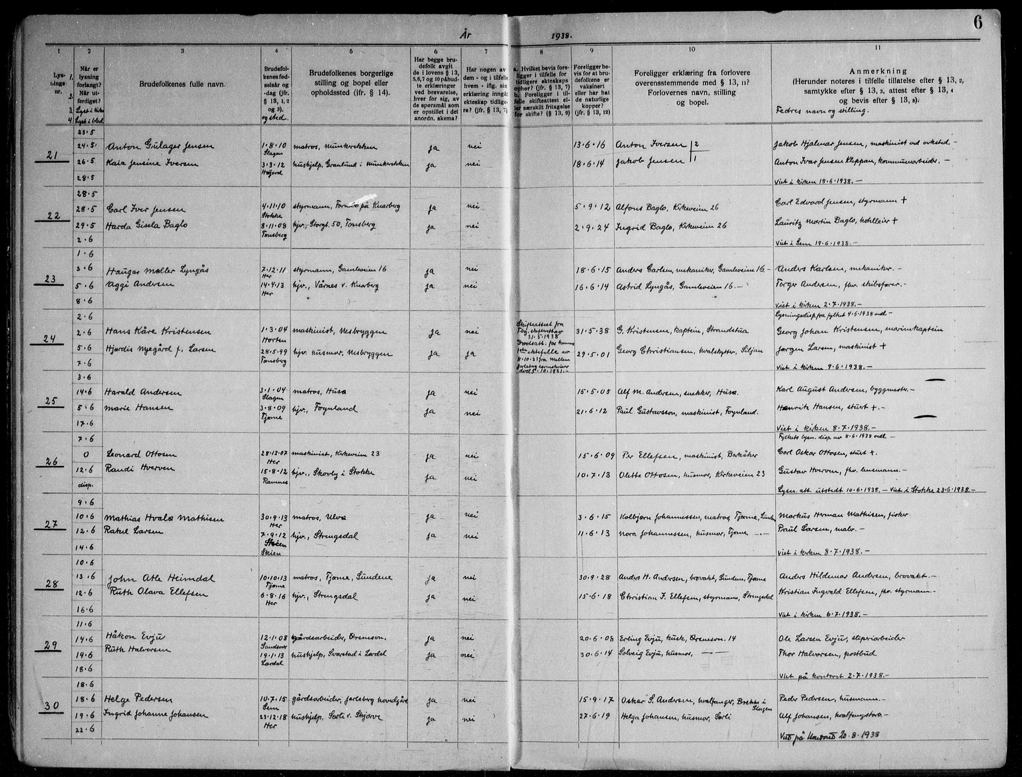 Nøtterøy kirkebøker, AV/SAKO-A-354/H/Ha/L0002: Banns register no. 2, 1937-1952, p. 6