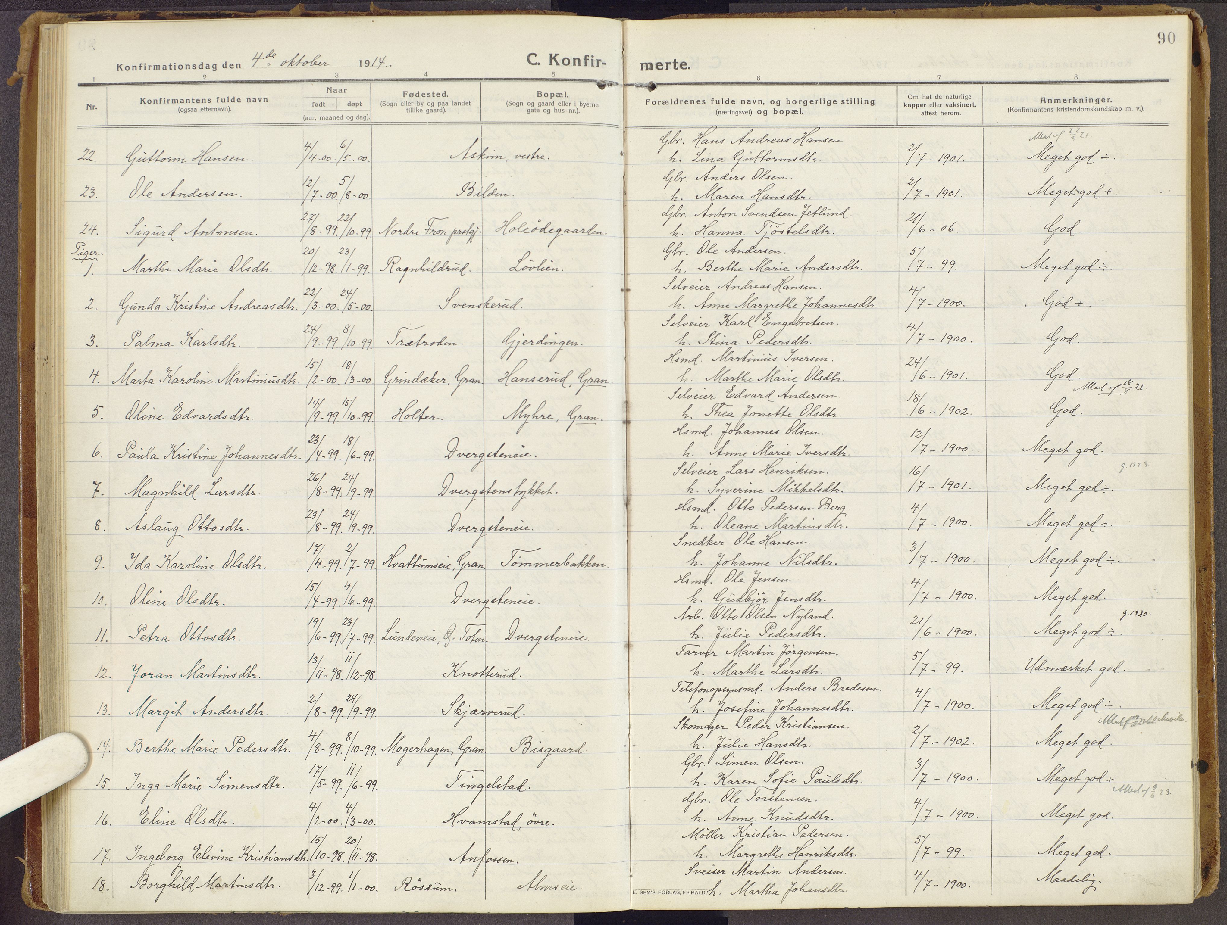Brandbu prestekontor, SAH/PREST-114/H/Ha/Haa/L0003: Parish register (official) no. 3, 1914-1928, p. 90