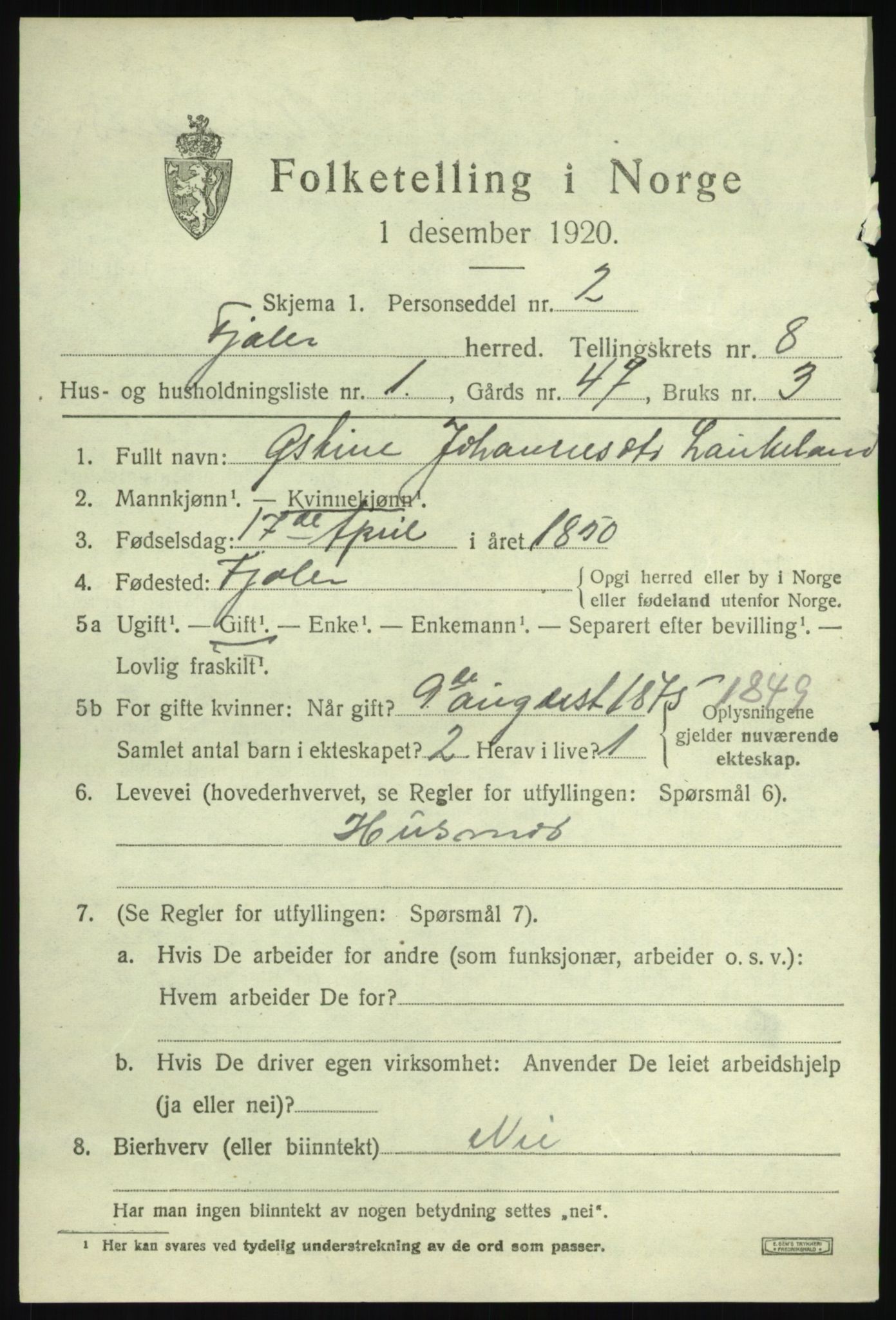 SAB, 1920 census for Fjaler, 1920, p. 4235