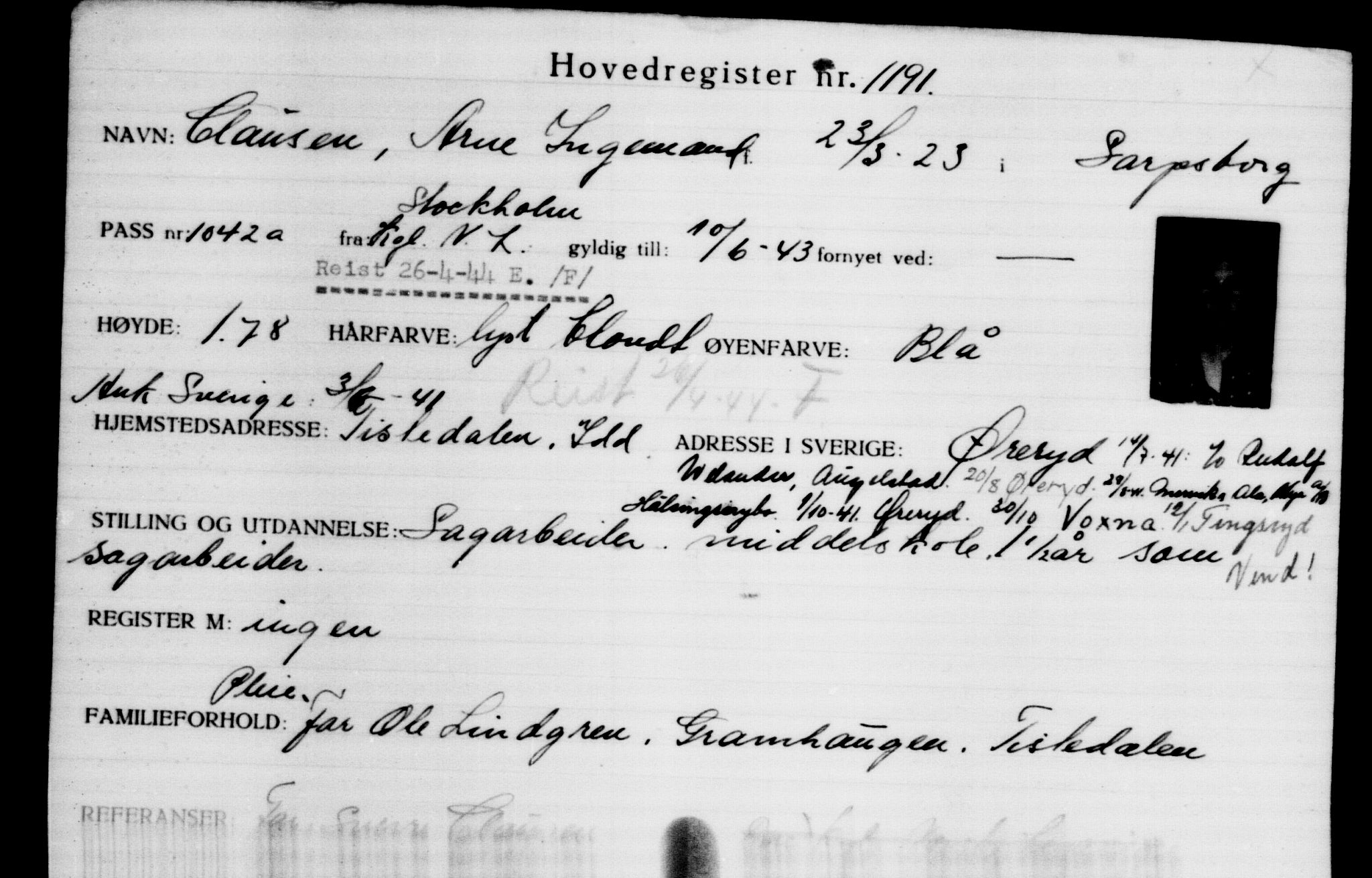Utenriksstasjonene, Legasjonen i Stockholm, Flyktningkontoret, AV/RA-S-6753/V/Va/L0002: Kjesäterkartoteket, flyktninger med registreringsnr. 1001-2000, 1940-1945, p. 288