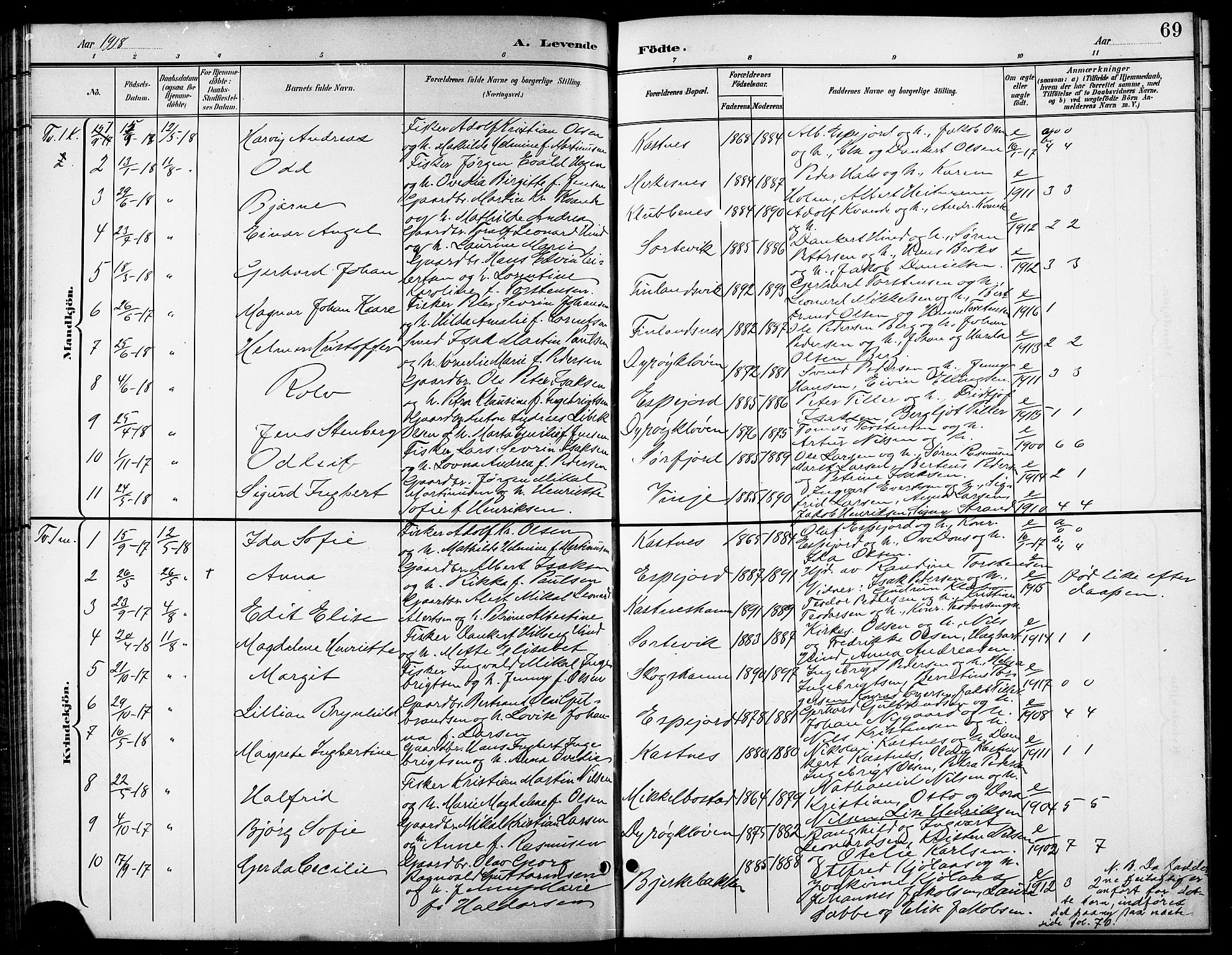 Tranøy sokneprestkontor, SATØ/S-1313/I/Ia/Iab/L0014klokker: Parish register (copy) no. 14, 1896-1918, p. 69