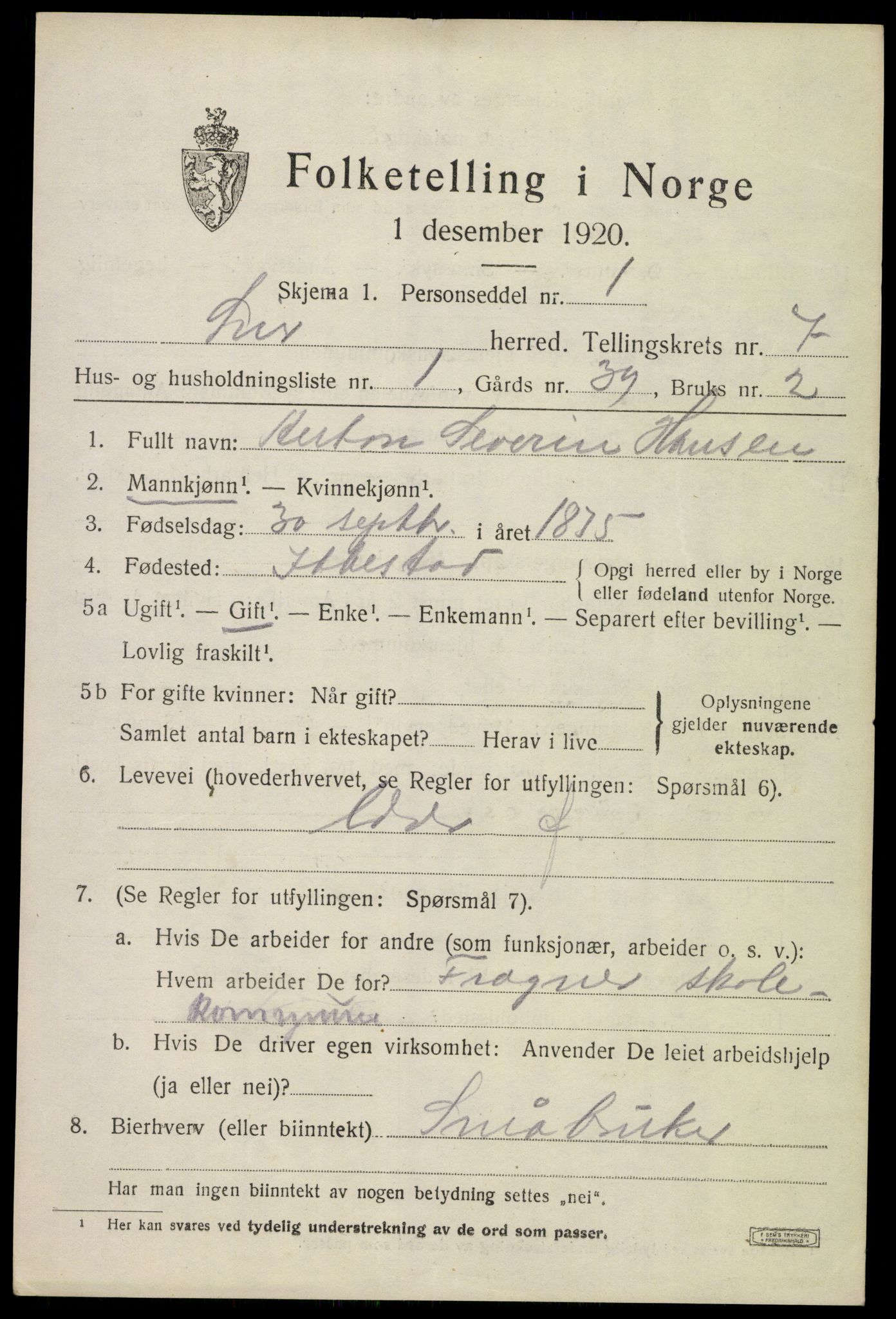 SAKO, 1920 census for Lier, 1920, p. 12494