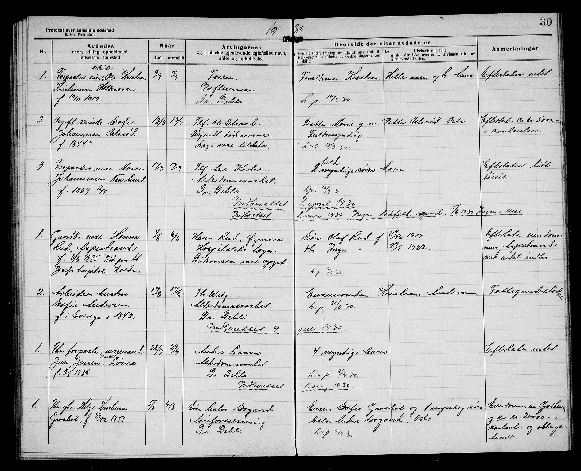 Aremark lensmannskontor, SAO/A-10631/H/Ha/L0004: Dødsfallsprotokoll, 1922-1933, p. 30