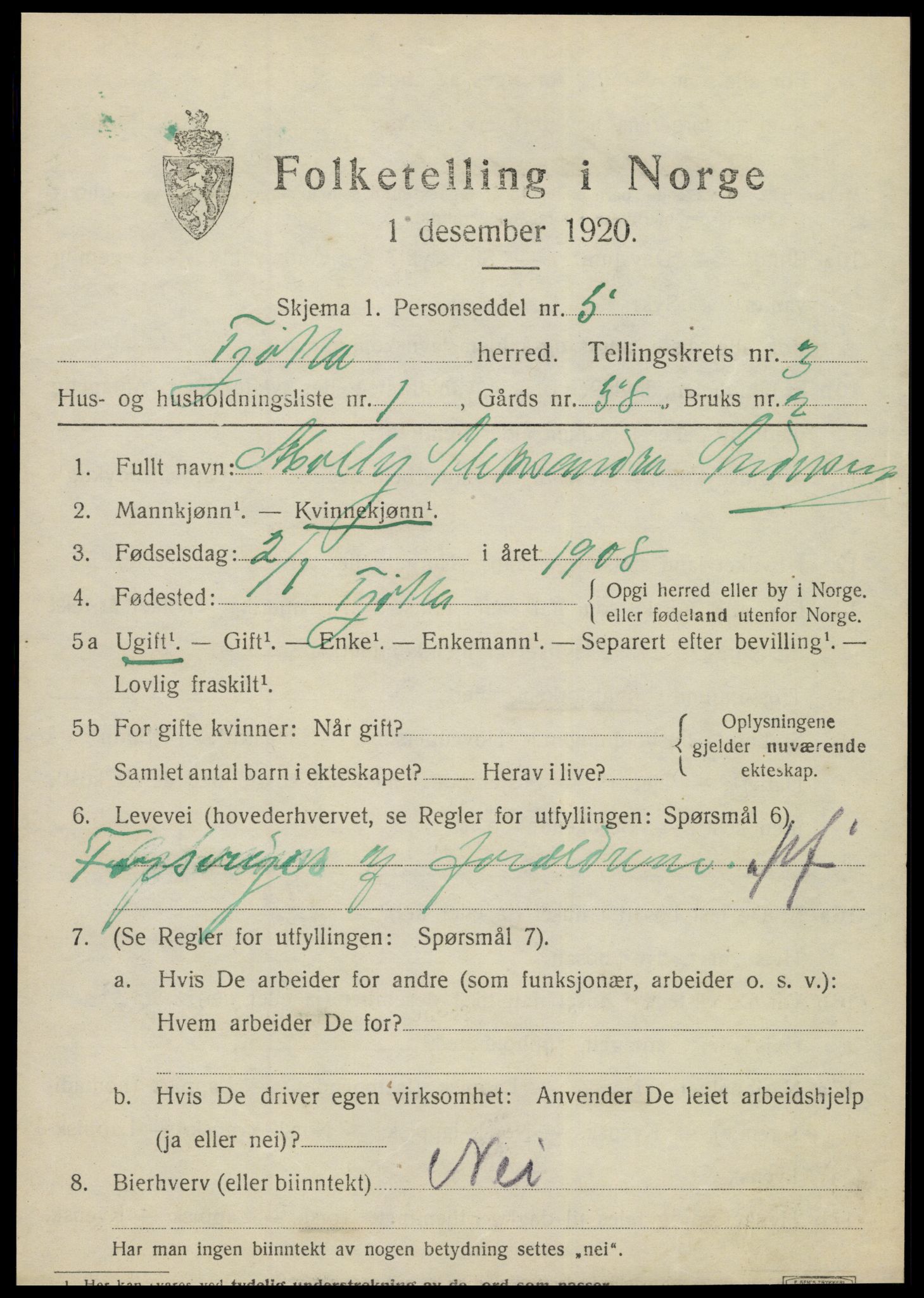 SAT, 1920 census for Tjøtta, 1920, p. 1431