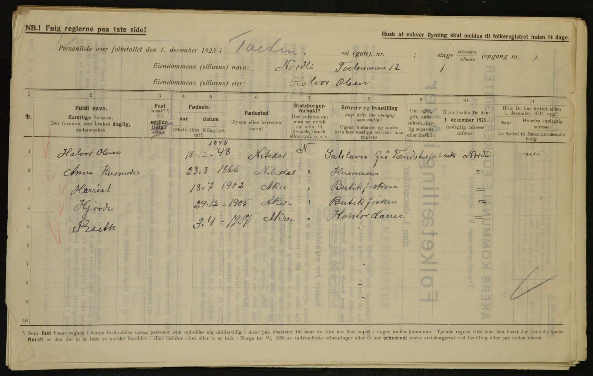 , Municipal Census 1923 for Aker, 1923, p. 34235